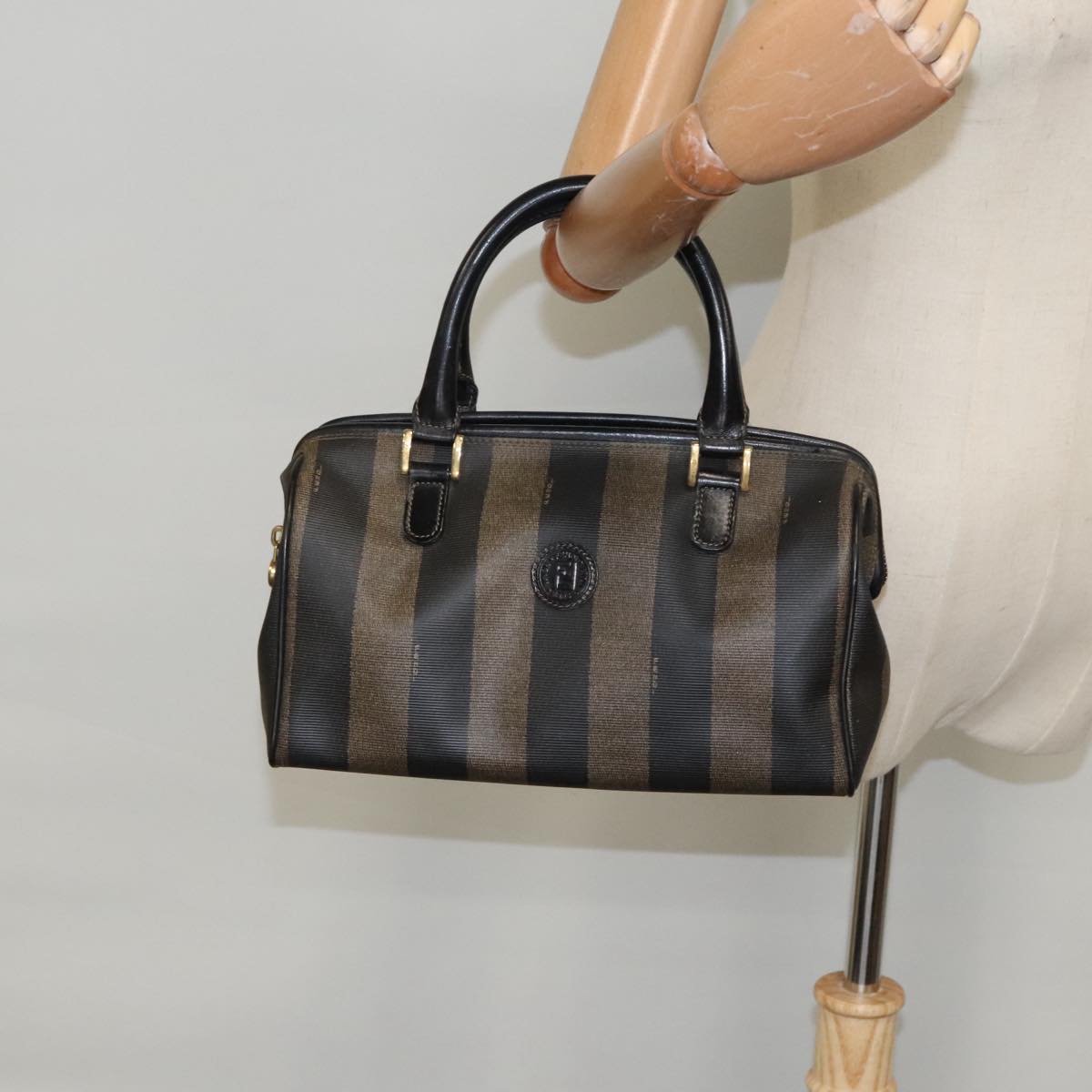 FENDI Pecan Canvas Hand Bag Brown Black gold 100100
