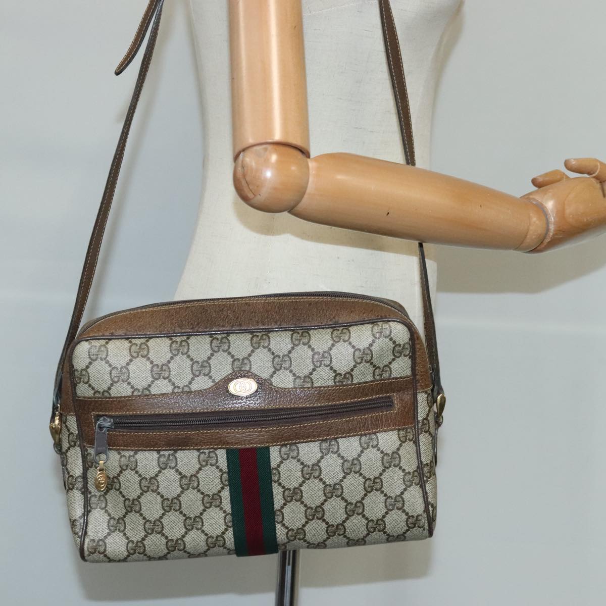 GUCCI GG Supreme Web Sherry Line Shoulder Bag PVC Leather Beige Gold 100688