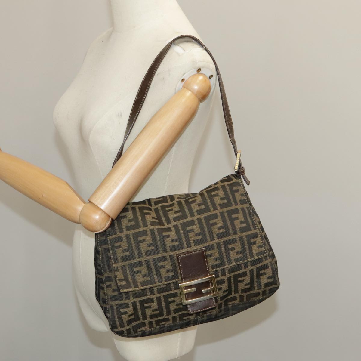 FENDI Zucca Canvas Mamma Baguette Shoulder Bag Brown Black 100706