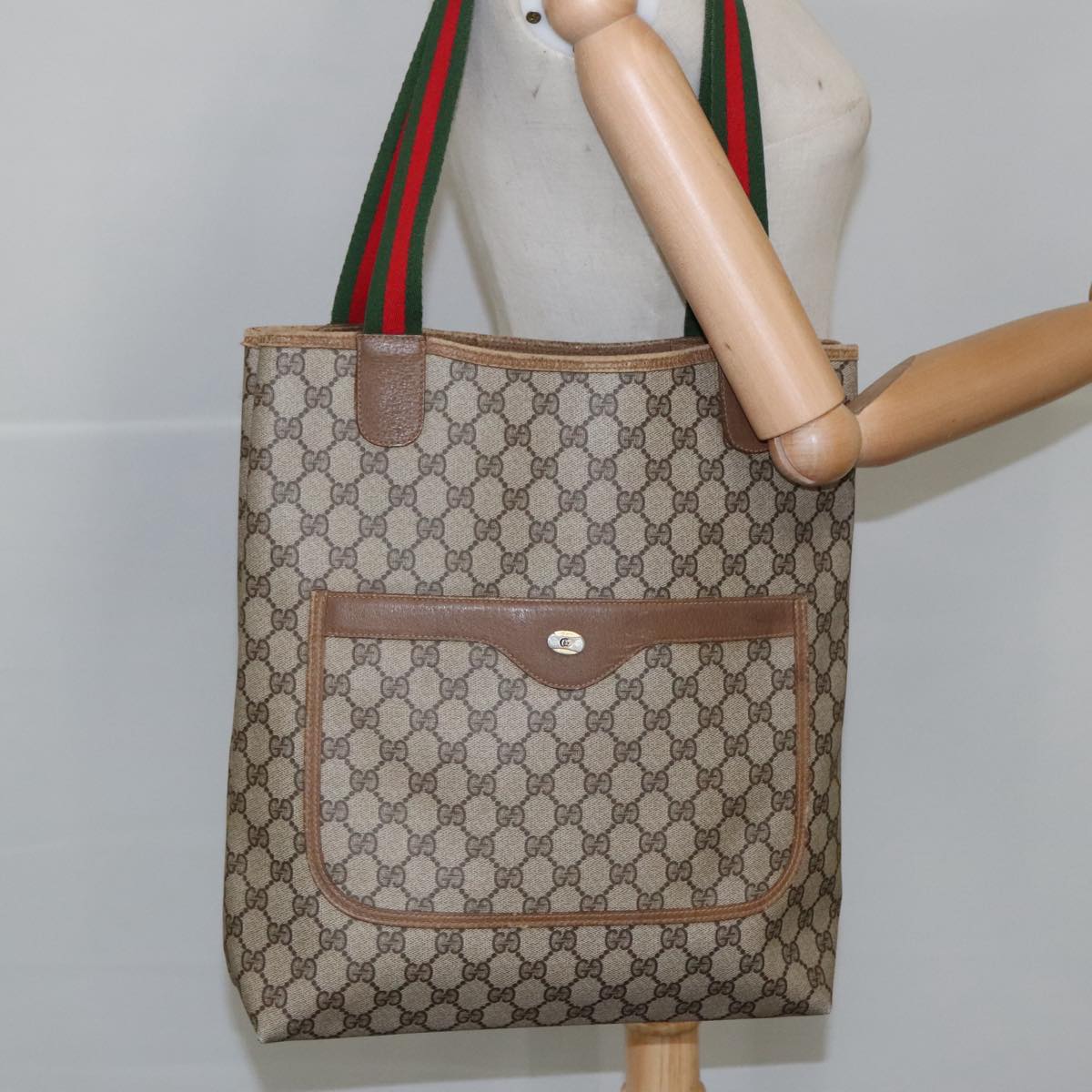 GUCCI GG Supreme Web Sherry Line Tote Bag PVC Beige 39 02 003 101156