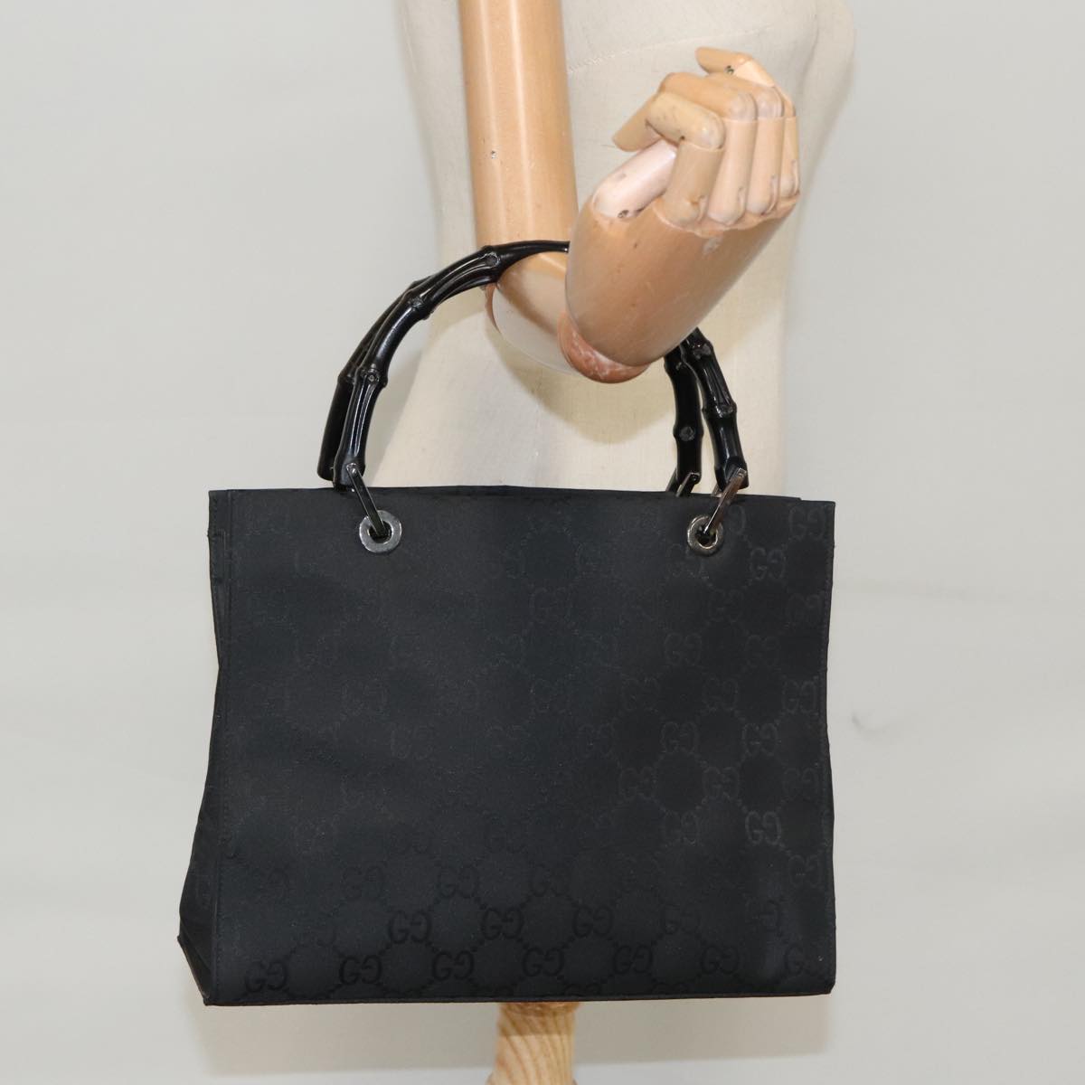 GUCCI Bamboo GG Canvas Hand Bag Nylon Black Silver 101168