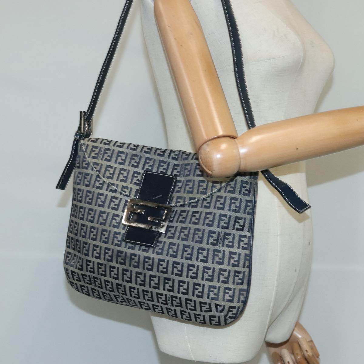 FENDI Zucchino Canvas Mamma Baguette Shoulder Bag Navy Silver 101401
