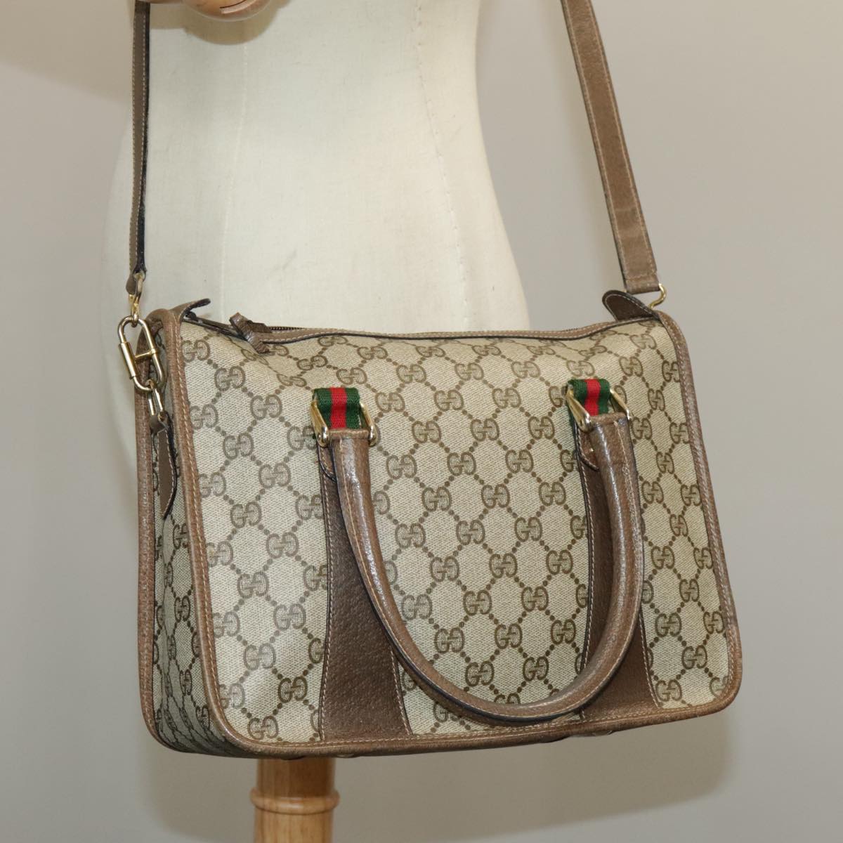 GUCCI GG Supreme Web Sherry Line Hand Bag PVC 2way Beige 58 02 039 102054