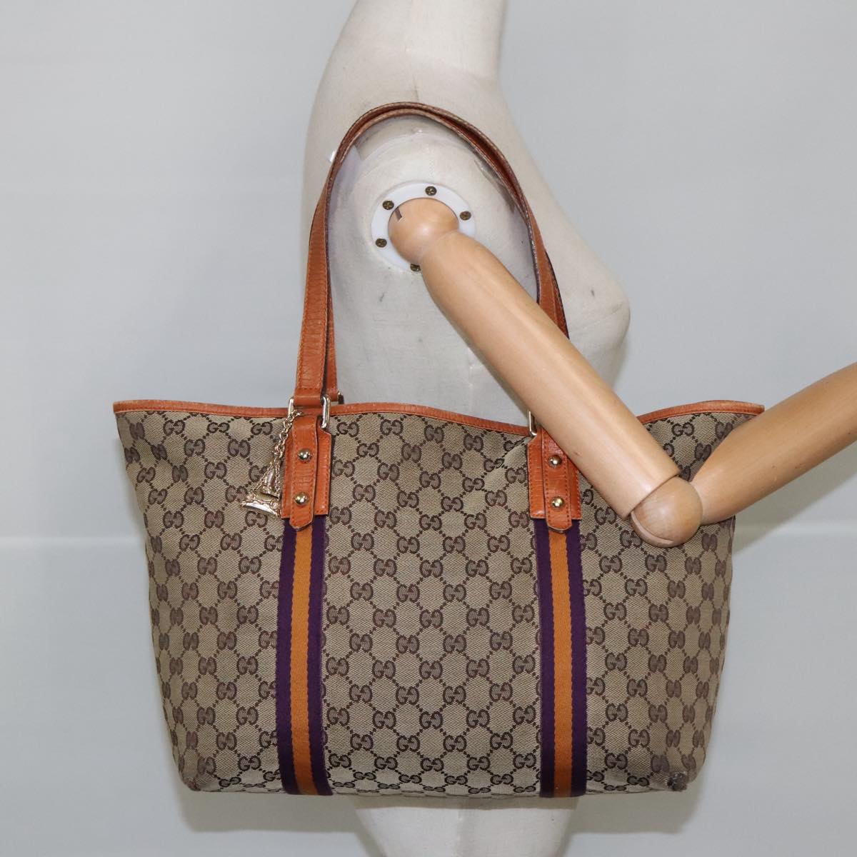 GUCCI GG Canvas Tote Bag Beige Purple 139260 102155