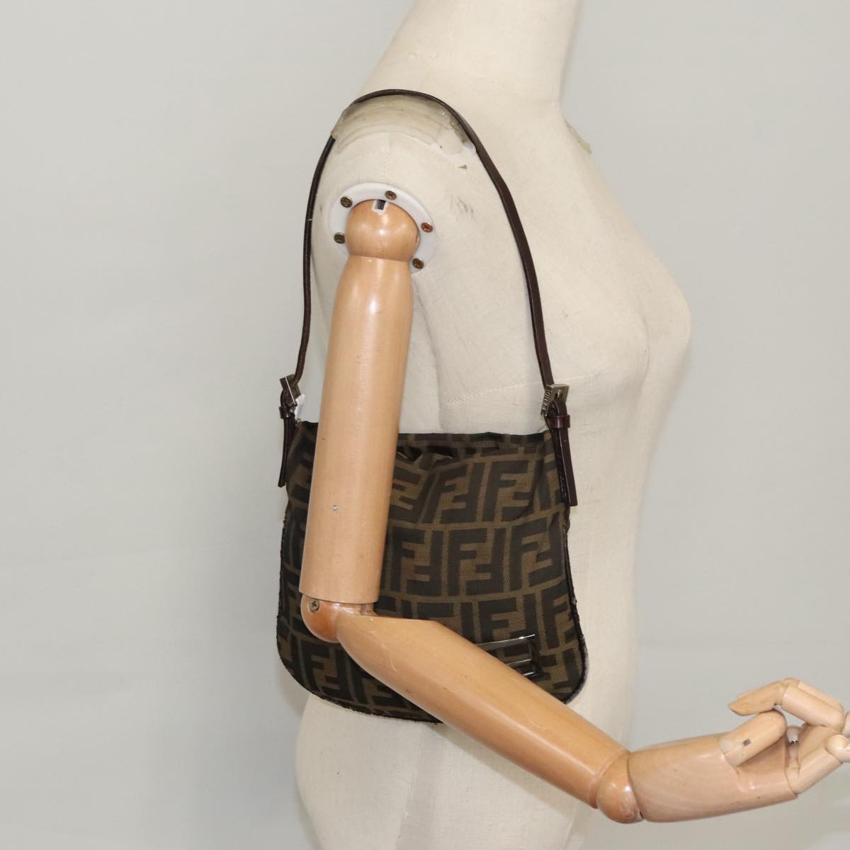 FENDI Zucca Canvas Shoulder Pouch Brown Black Silver 102163
