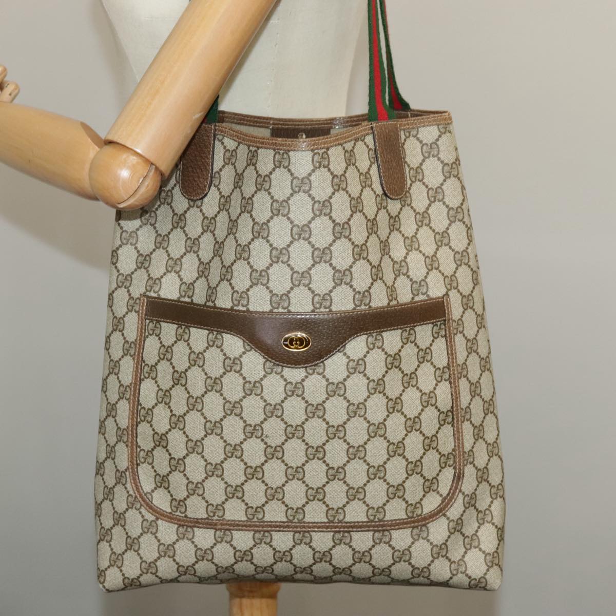 GUCCI GG Supreme Web Sherry Line Tote Bag PVC Beige Red 39 02 003 102265