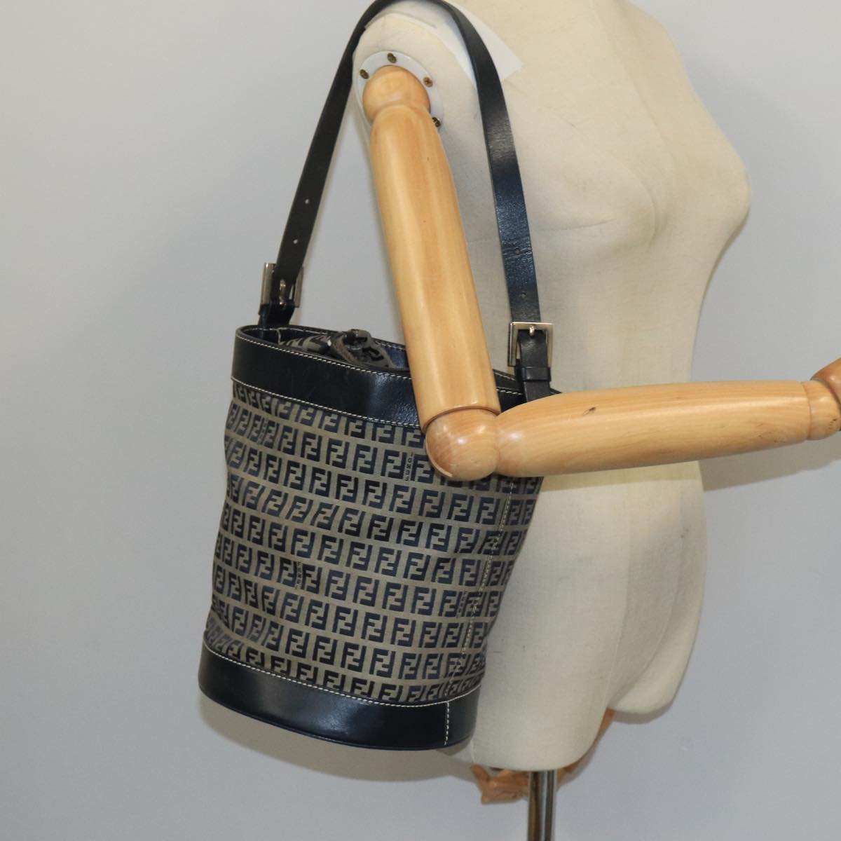 FENDI Zucchino Canvas Shoulder Bag Navy Silver 102520