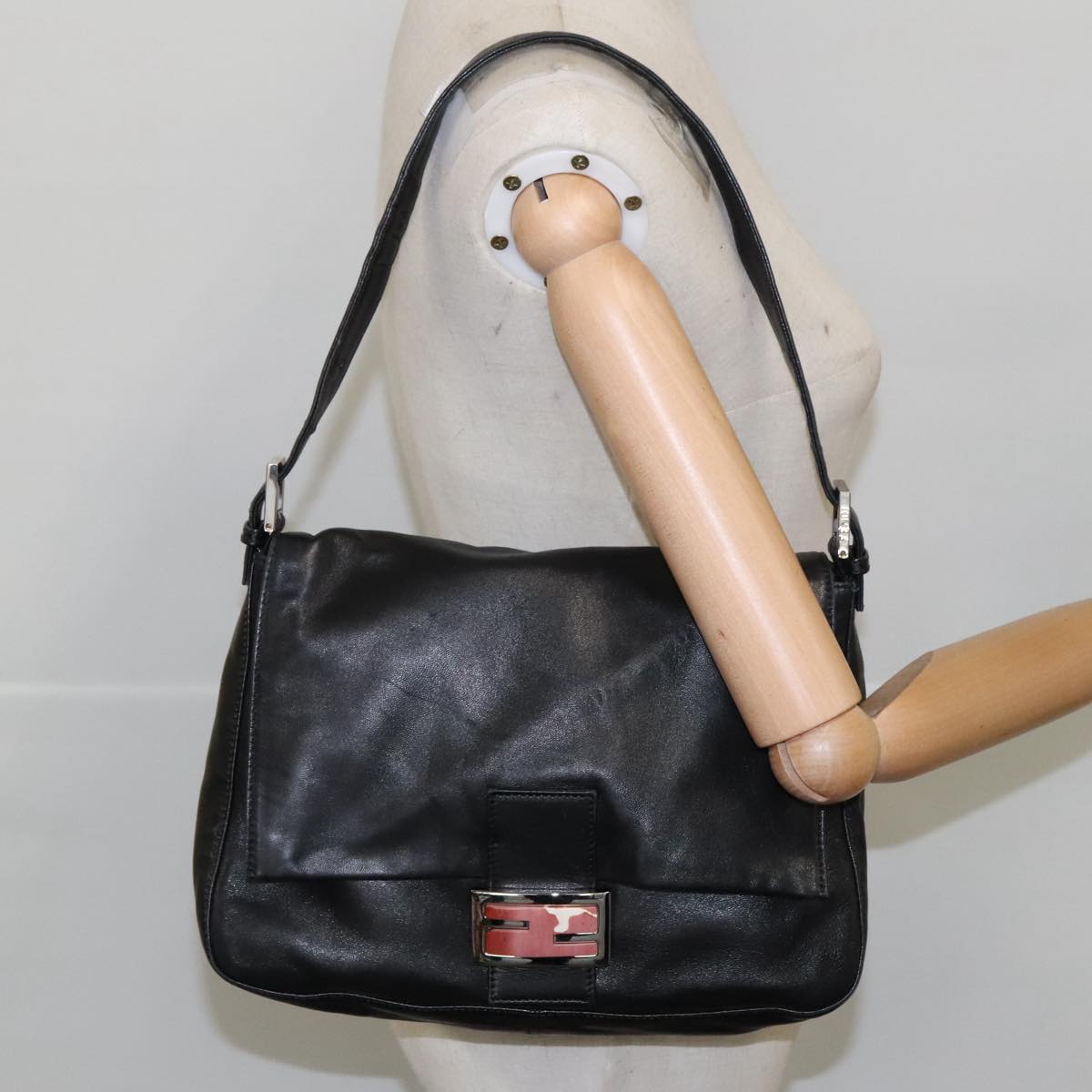 FENDI Mamma Baguette Shoulder Bag Leather Black Silver 102636