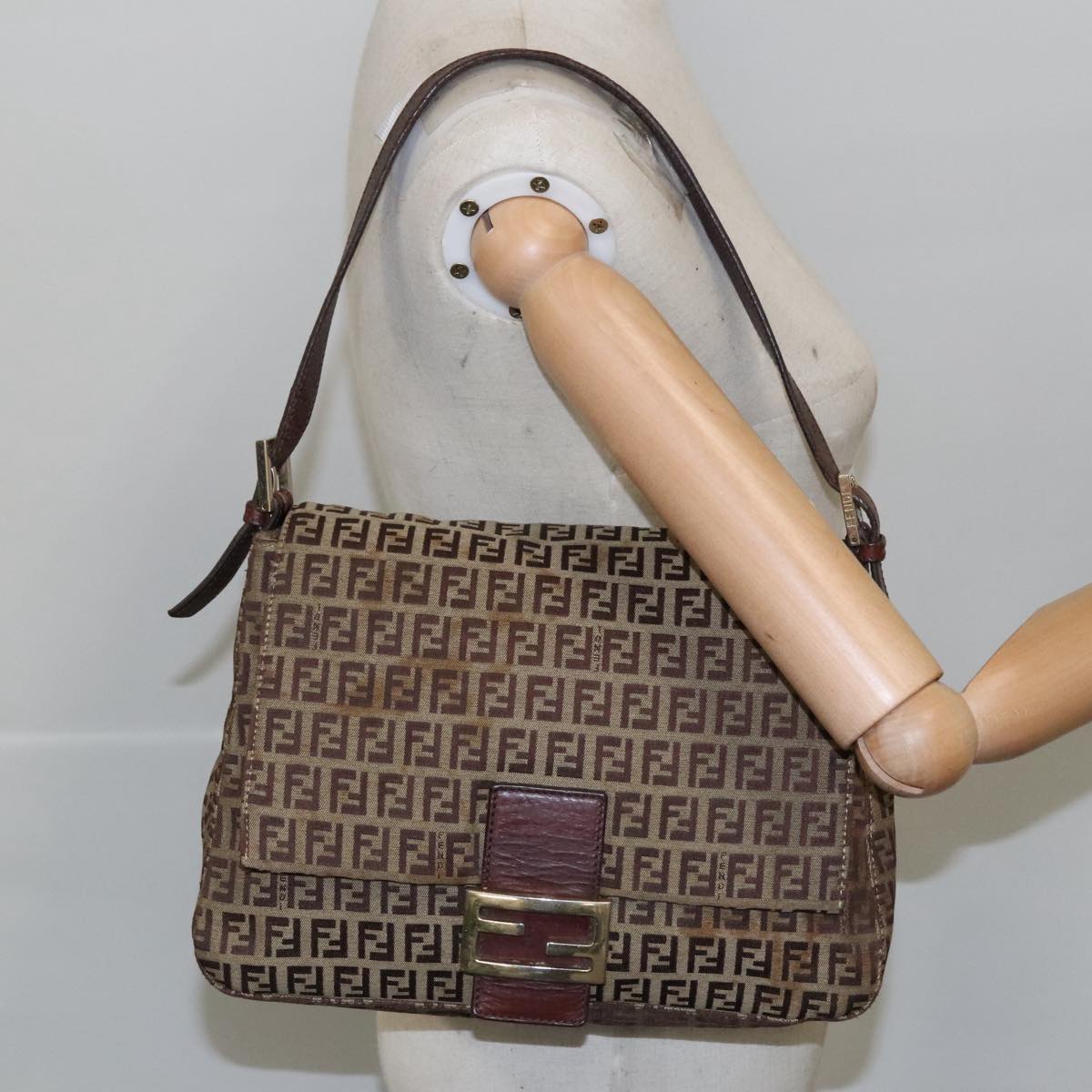 FENDI Zucchino Canvas Mamma Baguette Shoulder Bag Beige 103058