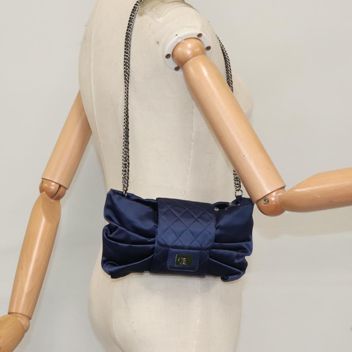CHANEL Matelasse Chain Shoulder Bag Satin Navy CC 103082