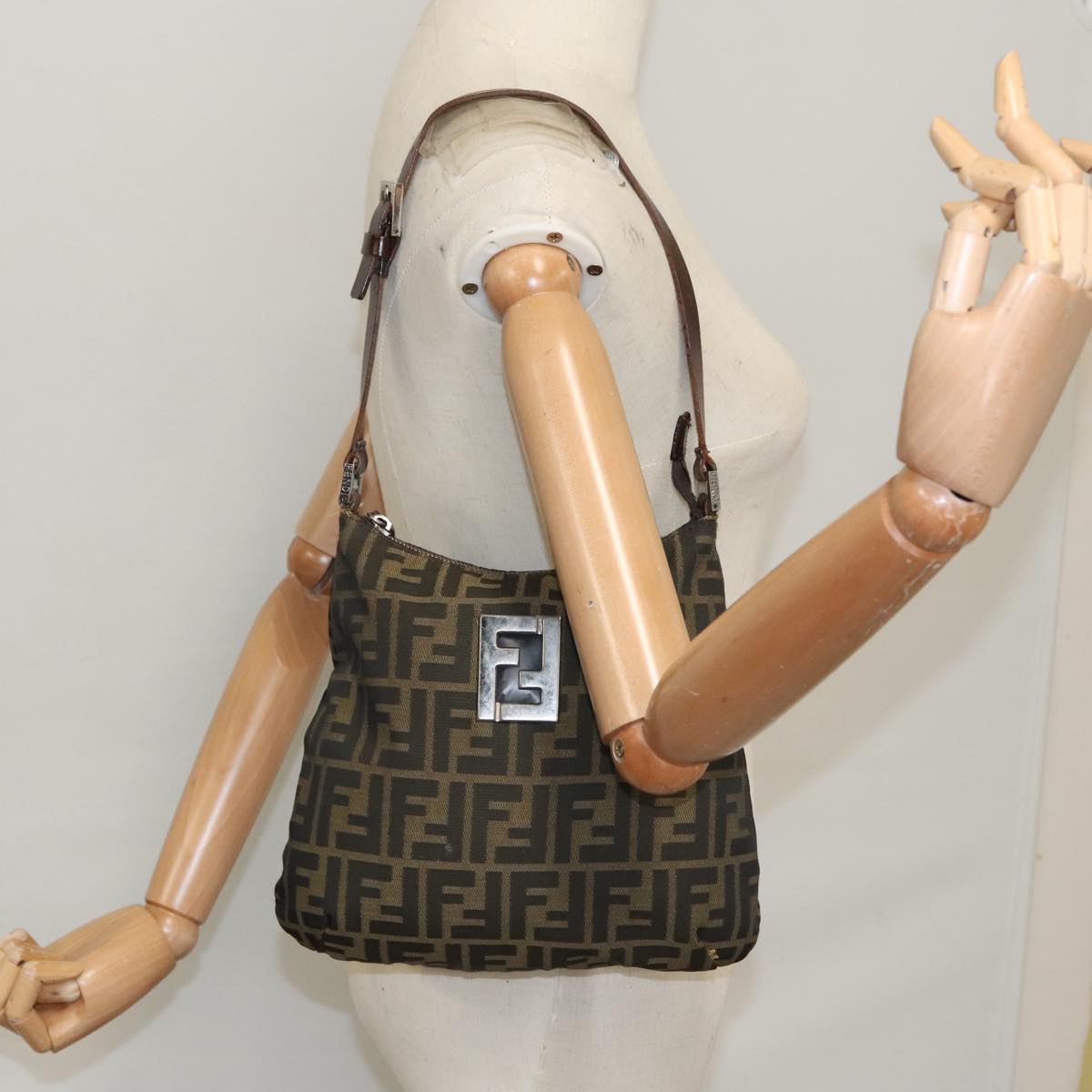 FENDI Zucca Canvas Shoulder Bag Brown Black 103542
