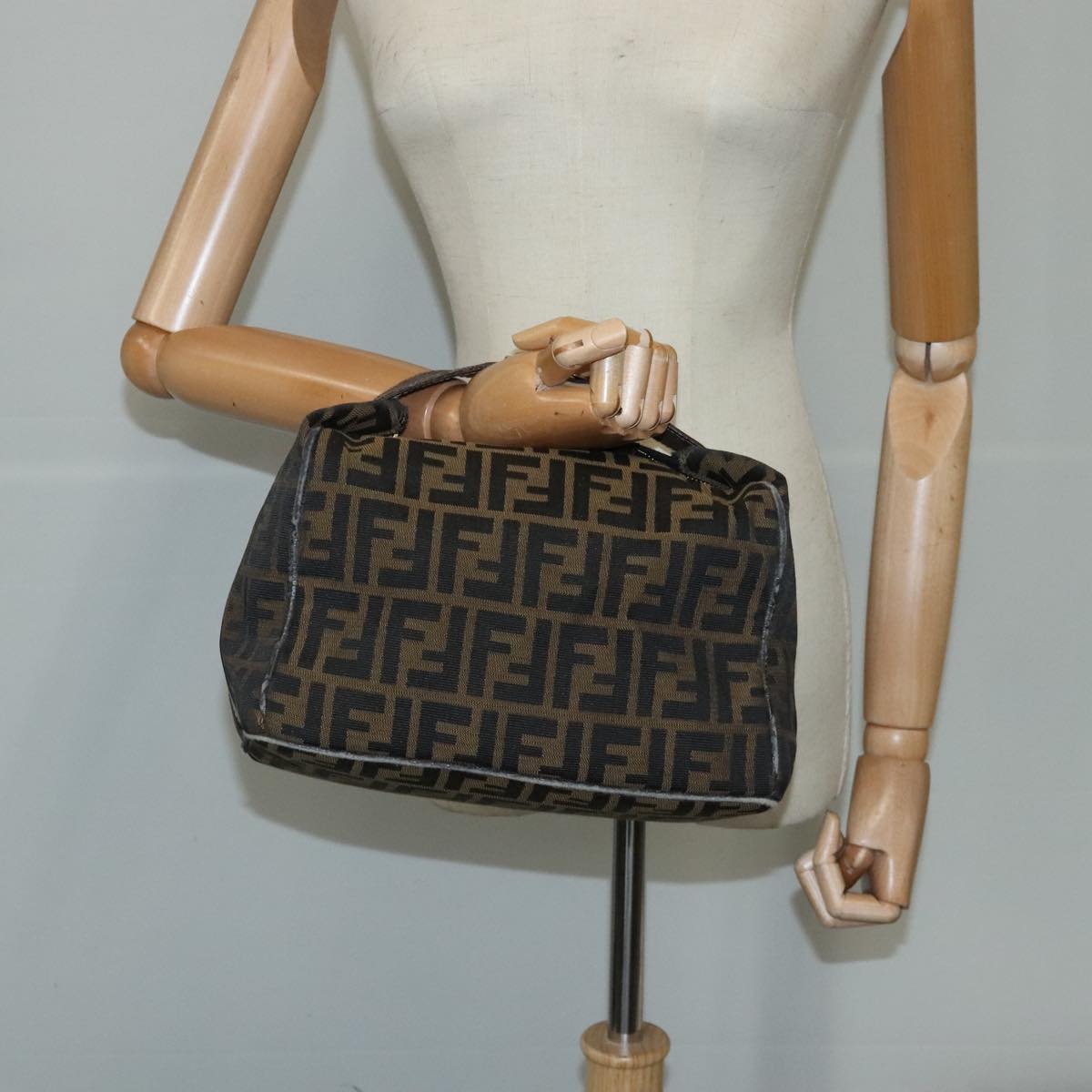 FENDI Zucca Canvas Vanity Hand Bag Brown Black Gold 103857