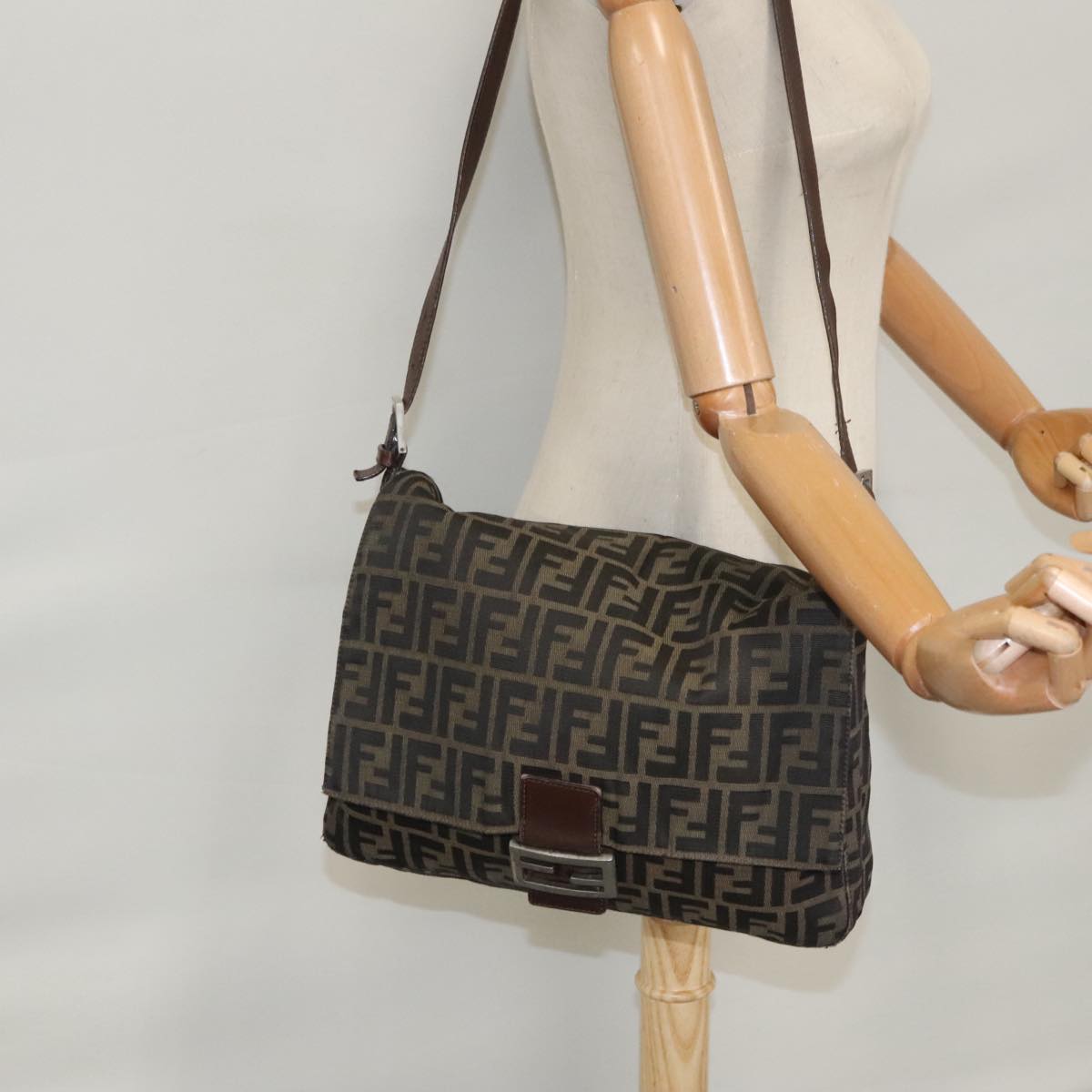 FENDI Zucca Canvas Mamma Baguette Shoulder Bag Brown Black Silver 104241