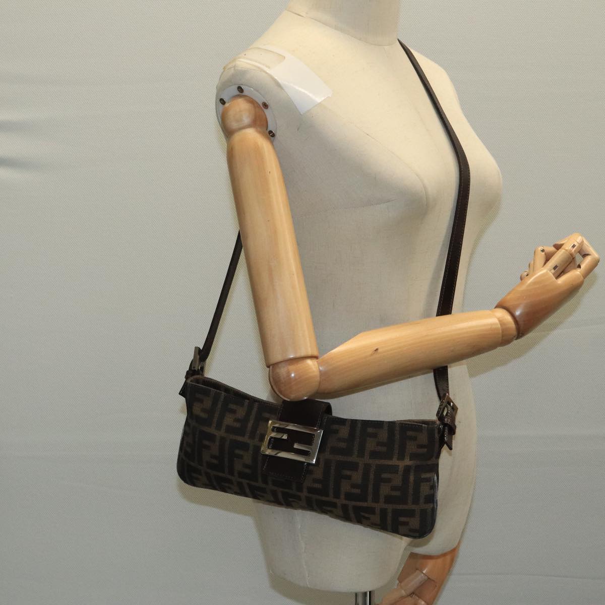 FENDI Zucca Canvas Mamma Shoulder Bag Brown Black Gold 105316