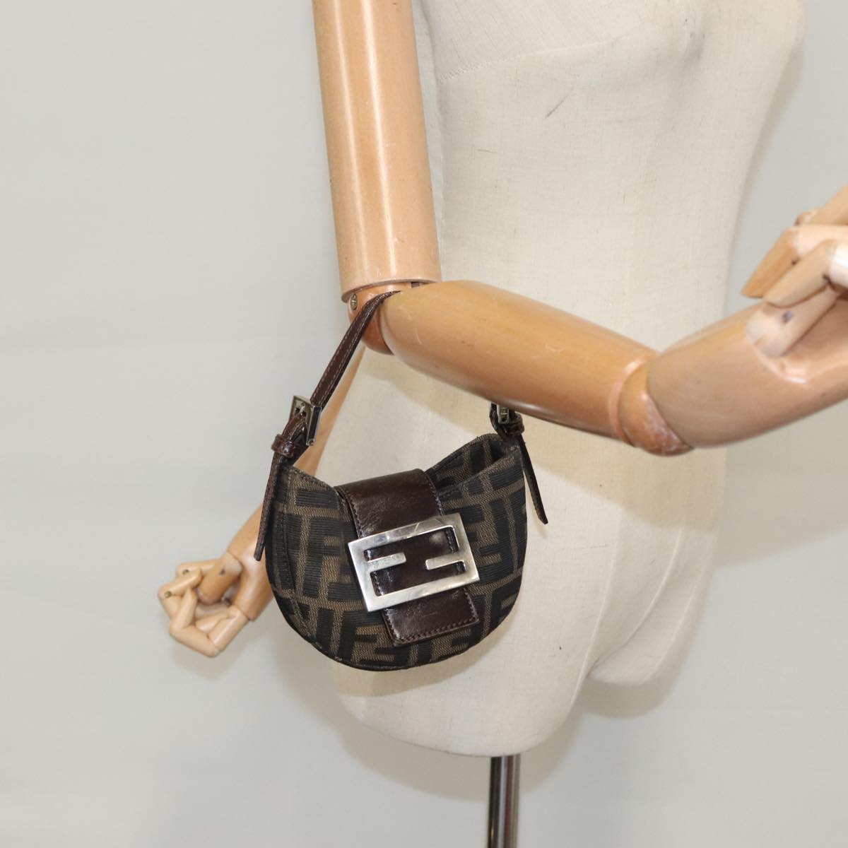 FENDI Zucca Canvas Mini Croissant Hand Bag Black Brown 105350