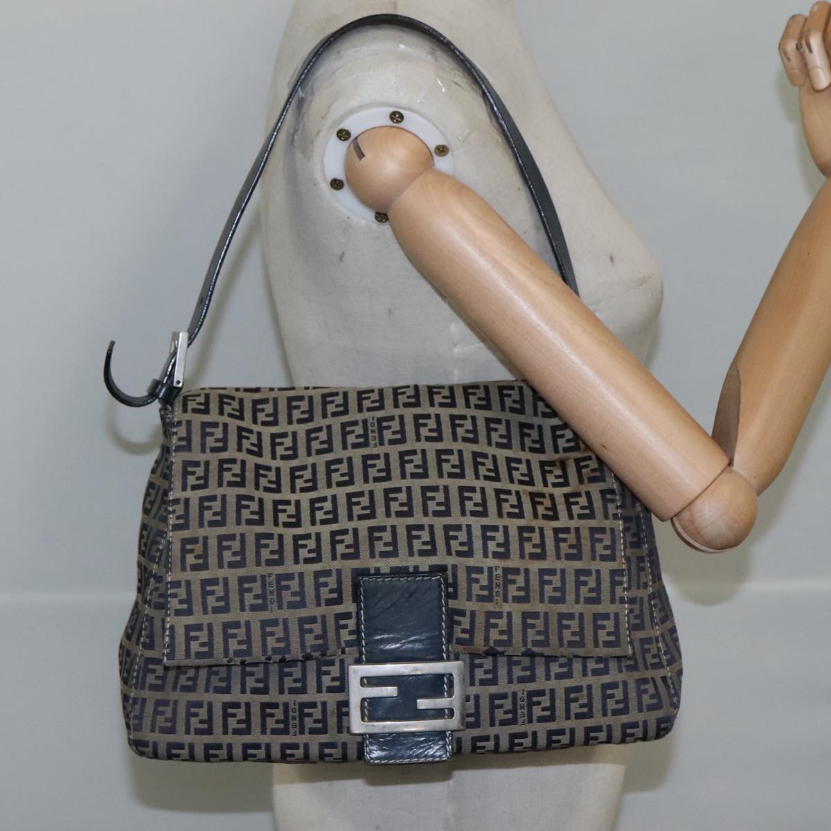 FENDI Zucchino Canvas Mamma Baguette Shoulder Bag Navy Silver 106348