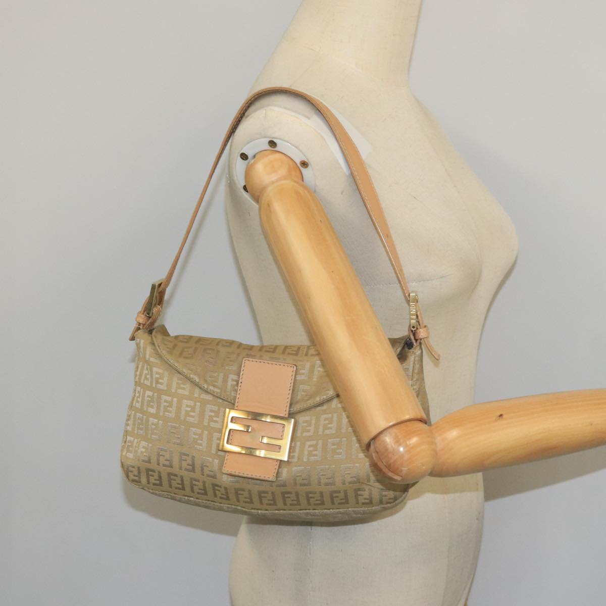 FENDI Zucchino Canvas Mamma Baguette Shoulder Bag Beige Silver 106527