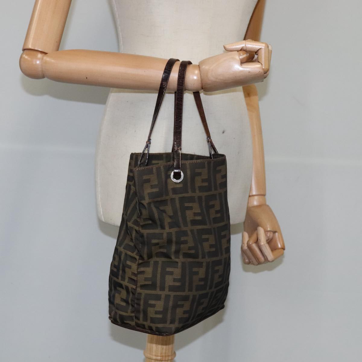 FENDI Zucca Canvas Tote Bag Brown Black Silver 106829