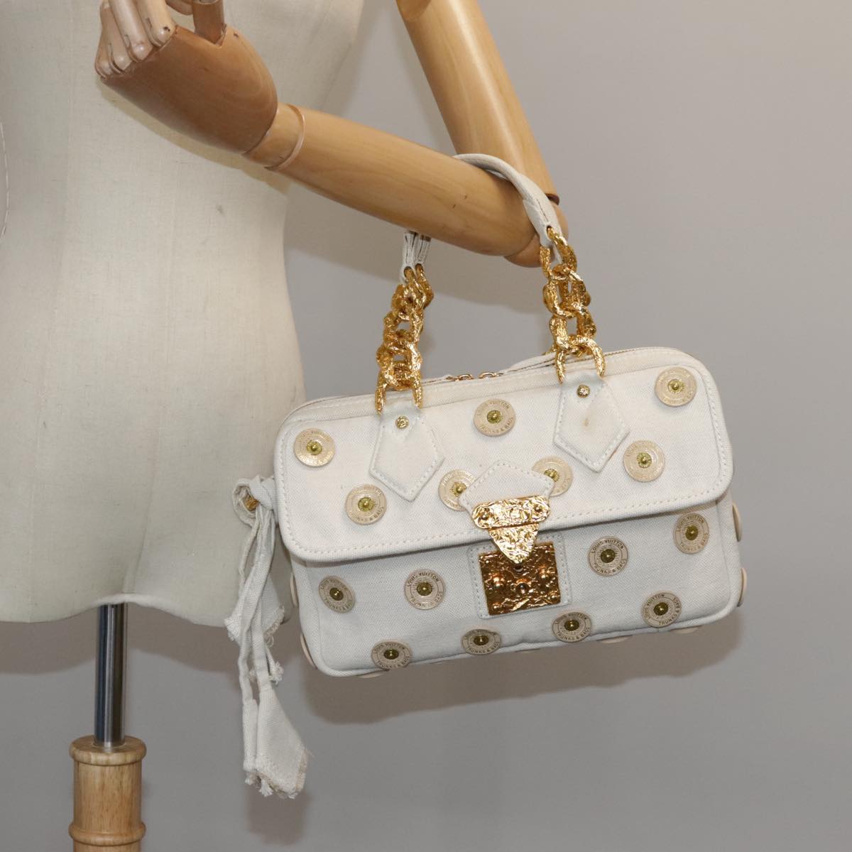 LOUIS VUITTON Tinkerbell Polka Dots Panama Bag Canvas White M95407 106959