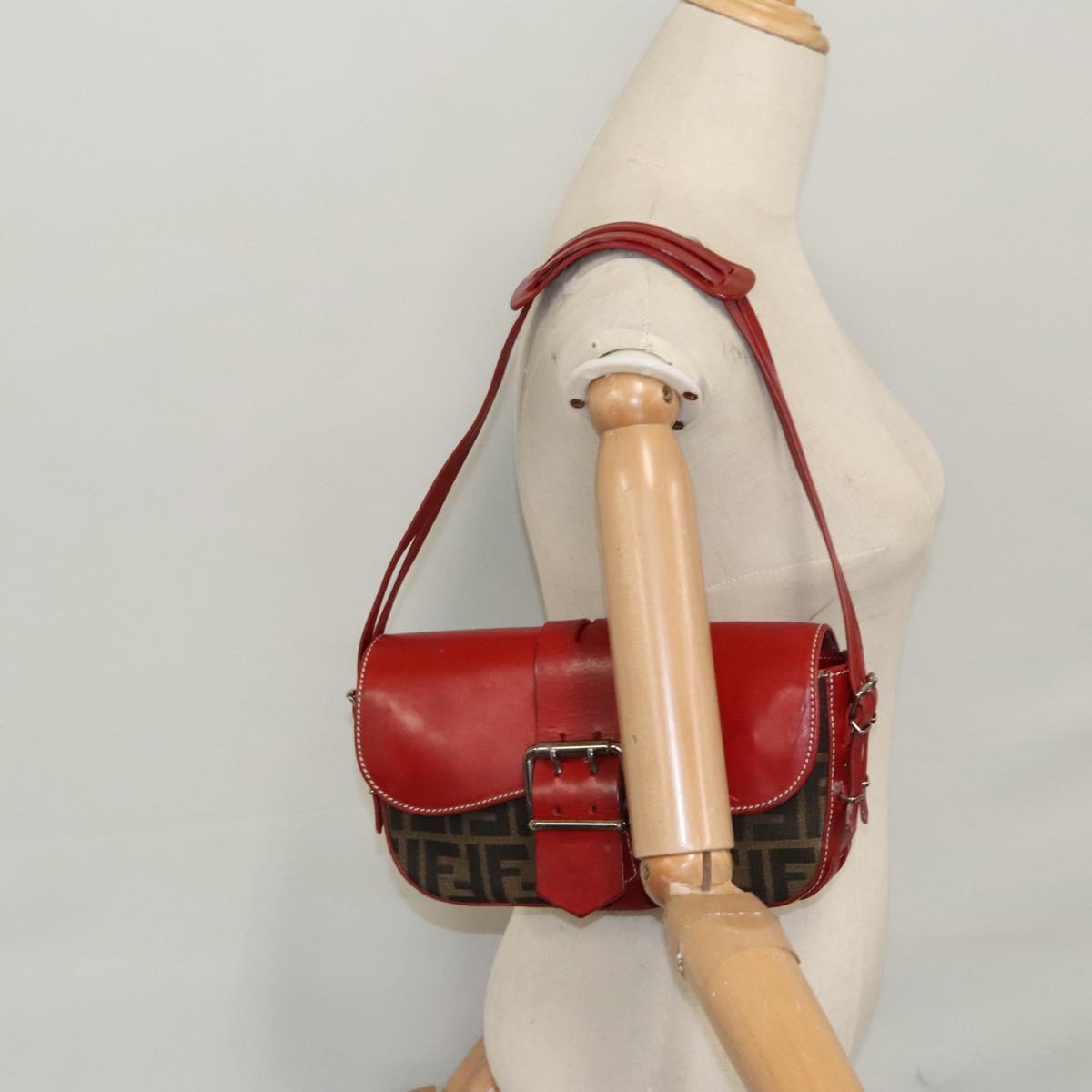 FENDI Zucca Canvas Shoulder Bag Brown Red 107607