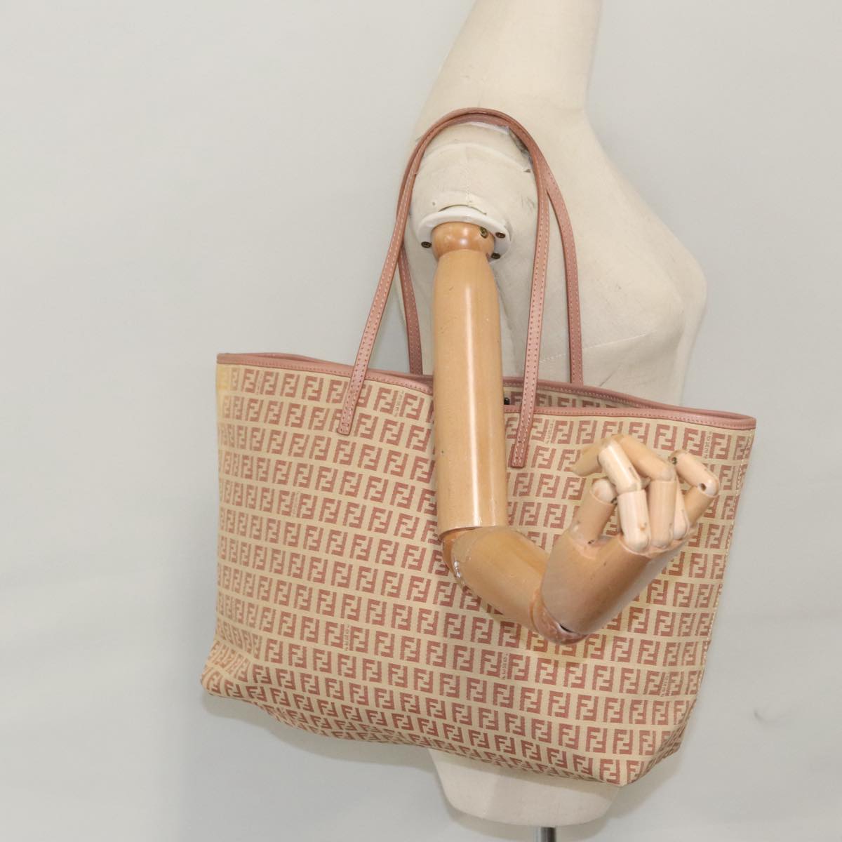FENDI Zucchino Canvas Tote Bag Pink Beige 107612