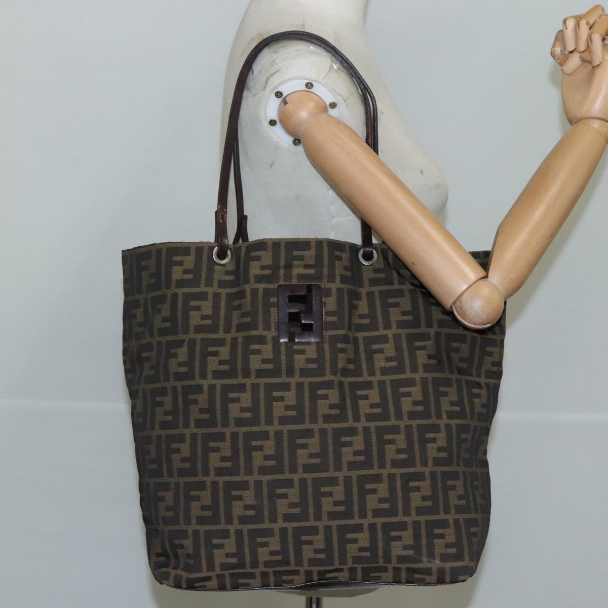 FENDI Zucca Canvas Tote Bag Brown Black Silver 107962