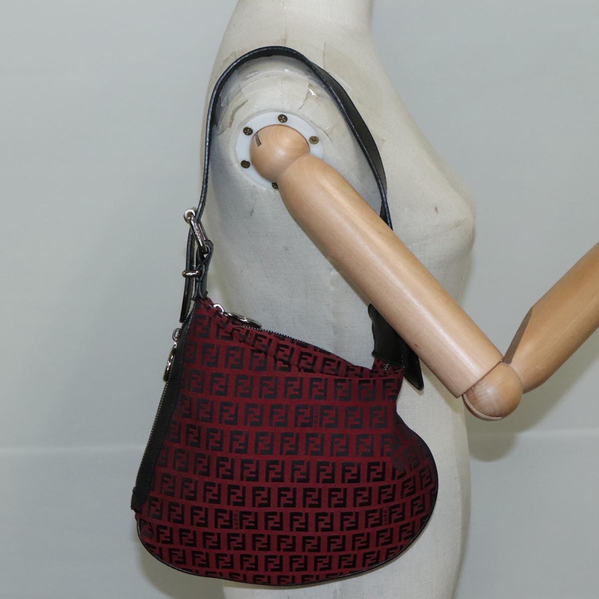 FENDI Zucchino Canvas Shoulder Bag Red Black Silver 108052