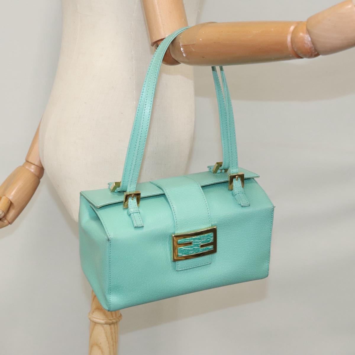 FENDI Hand Bag Leather Gold Turquoise 108060
