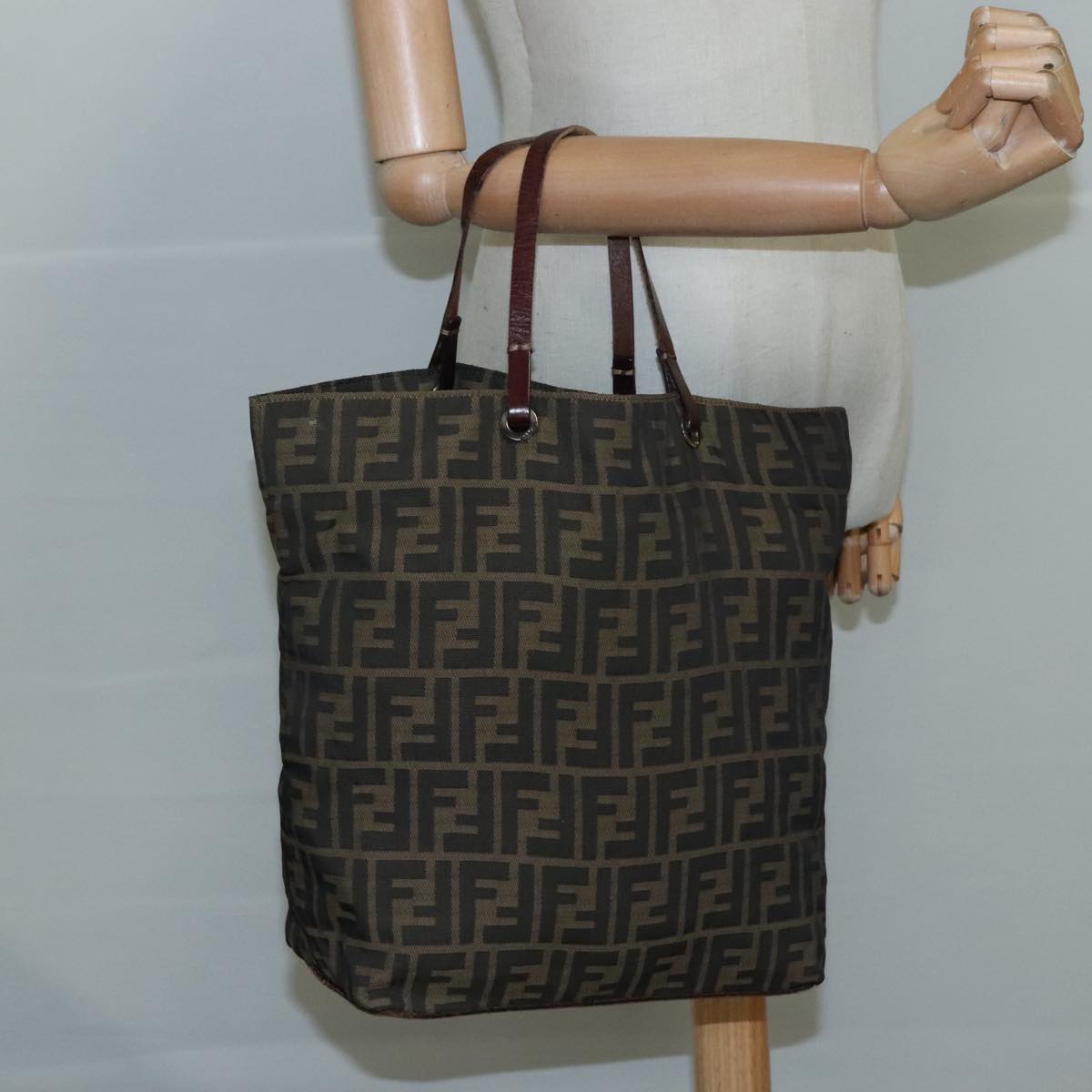 FENDI Zucca Canvas Tote Bag Brown Black Silver 108092
