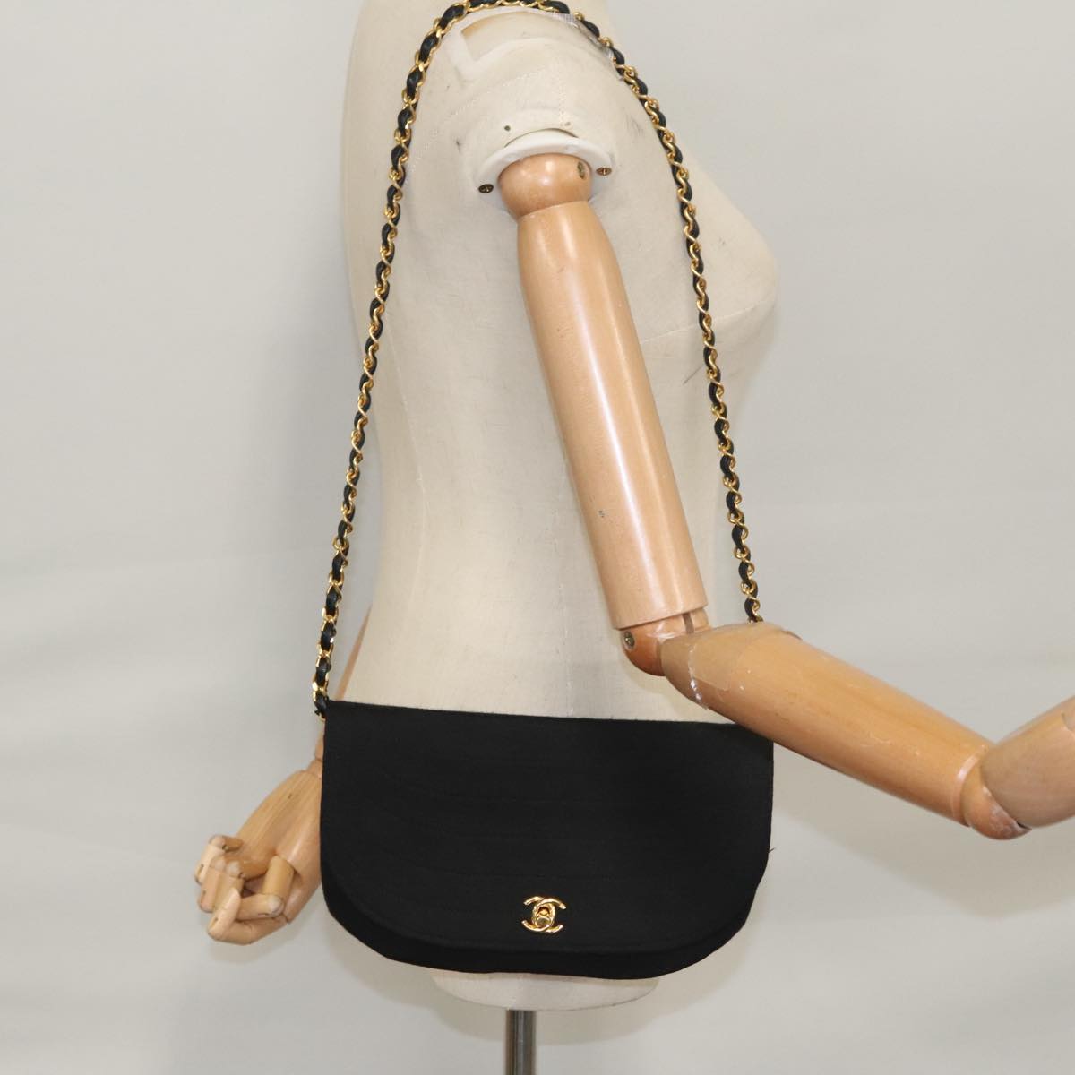 CHANEL Half Moon Chain Shoulder Bag Cotton Black Gold CC 108608