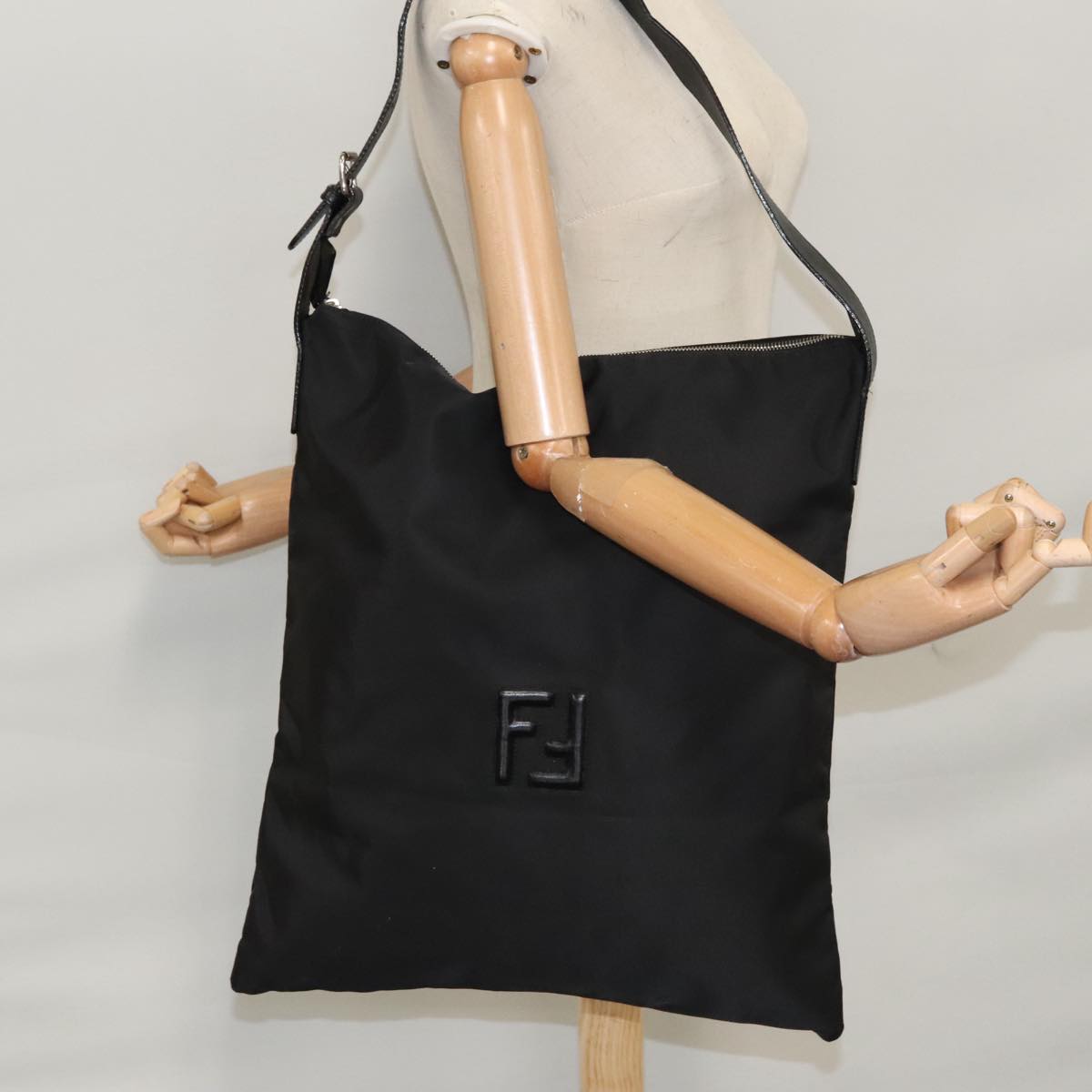 FENDI Shoulder Bag Nylon Leather Black Silver 108665