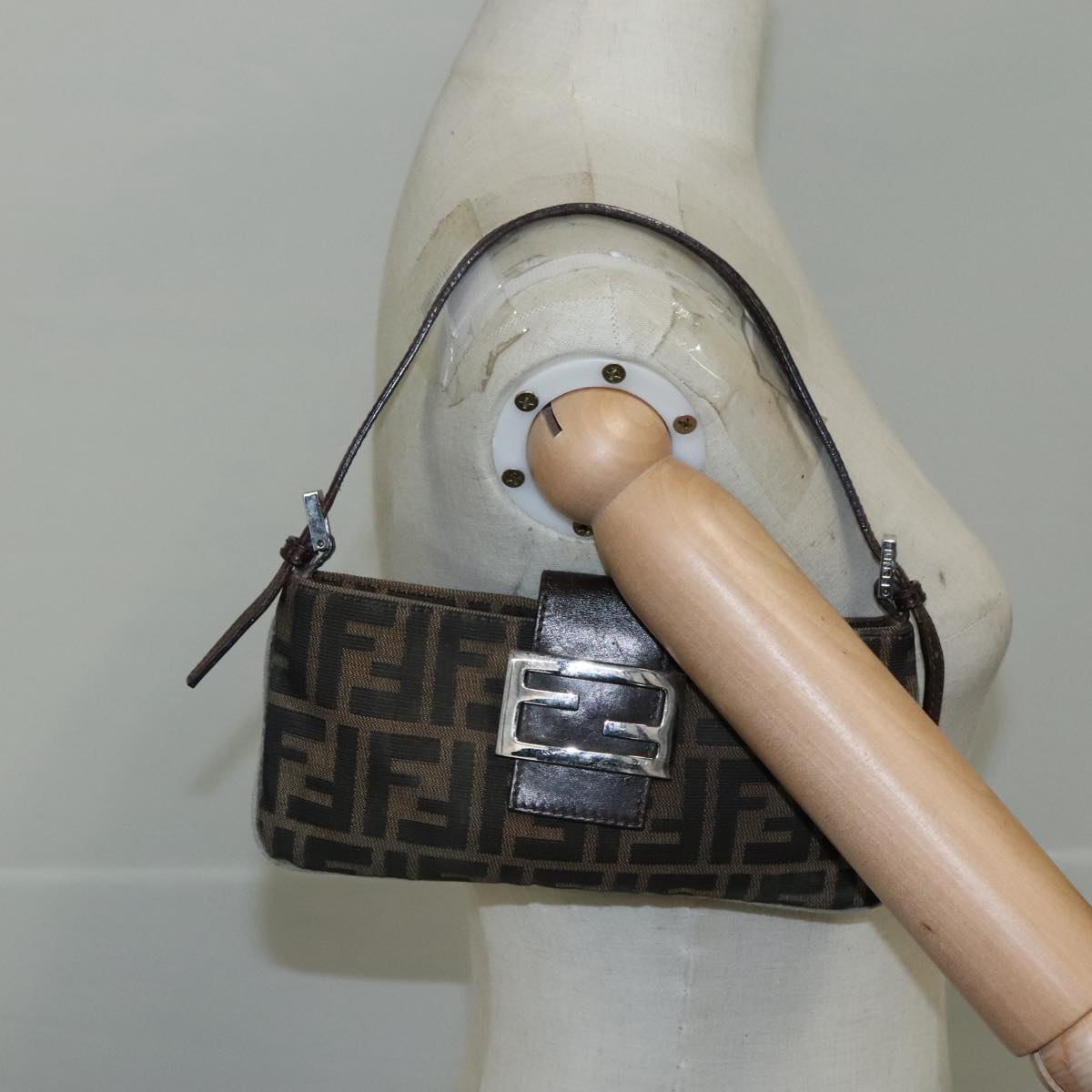 FENDI Zucca Canvas Mamma Baguette Shoulder Bag Brown Black Silver 109322