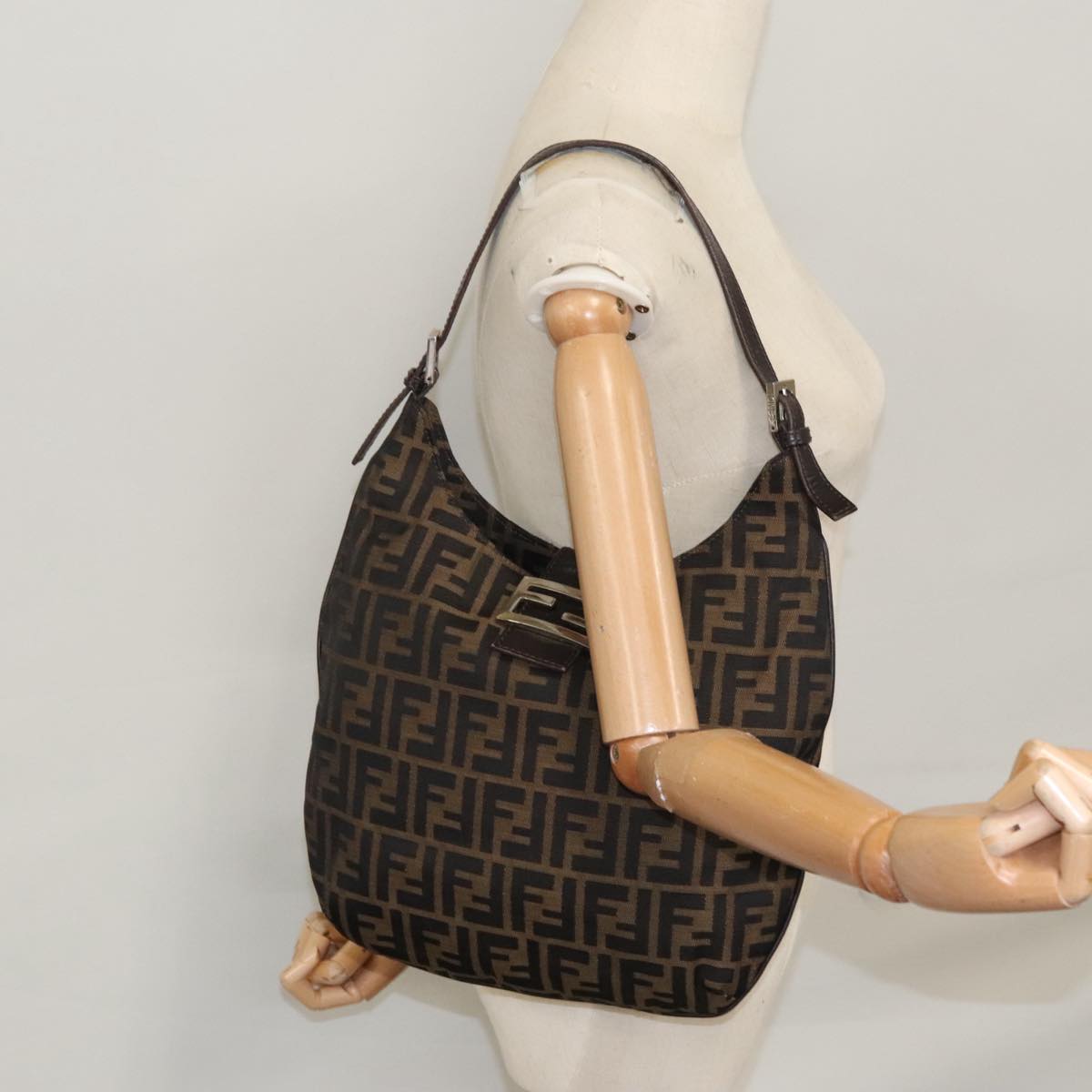 FENDI Zucca Canvas Shoulder Bag Brown Black 109499