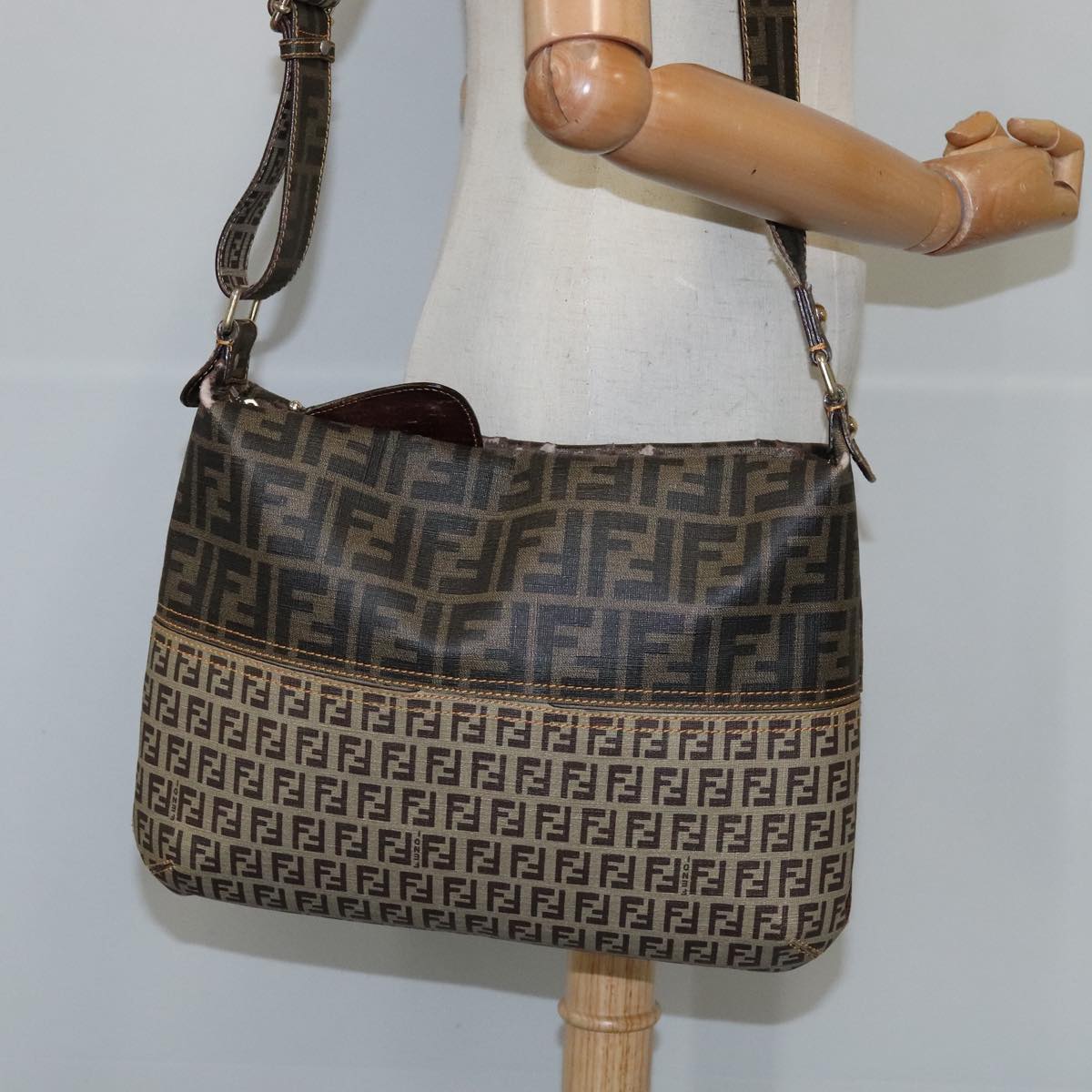 FENDI Zucca Canvas Zucchino Canvas Shoulder Bag Brown Black 109820