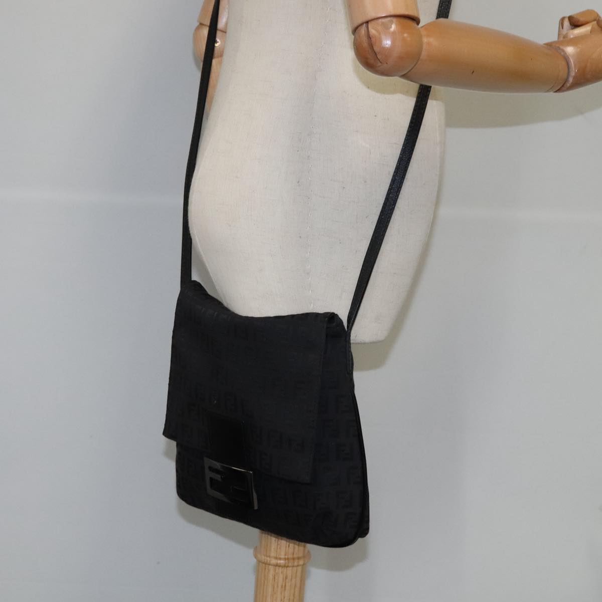 FENDI Zucchino Canvas Mamma Shoulder Bag Black 109966