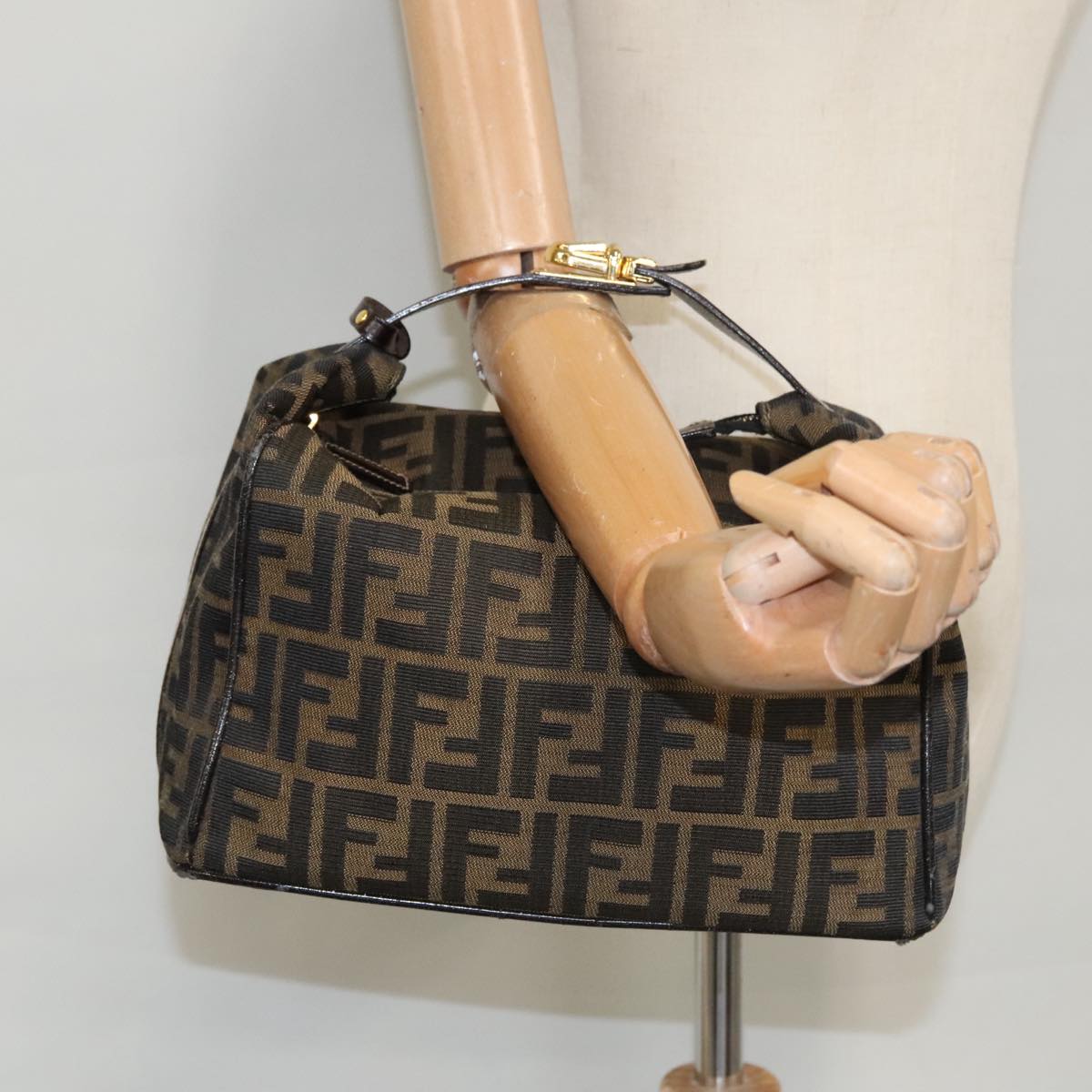 FENDI Zucca Canvas Vanity Pouch Nylon Brown Black gold 110674
