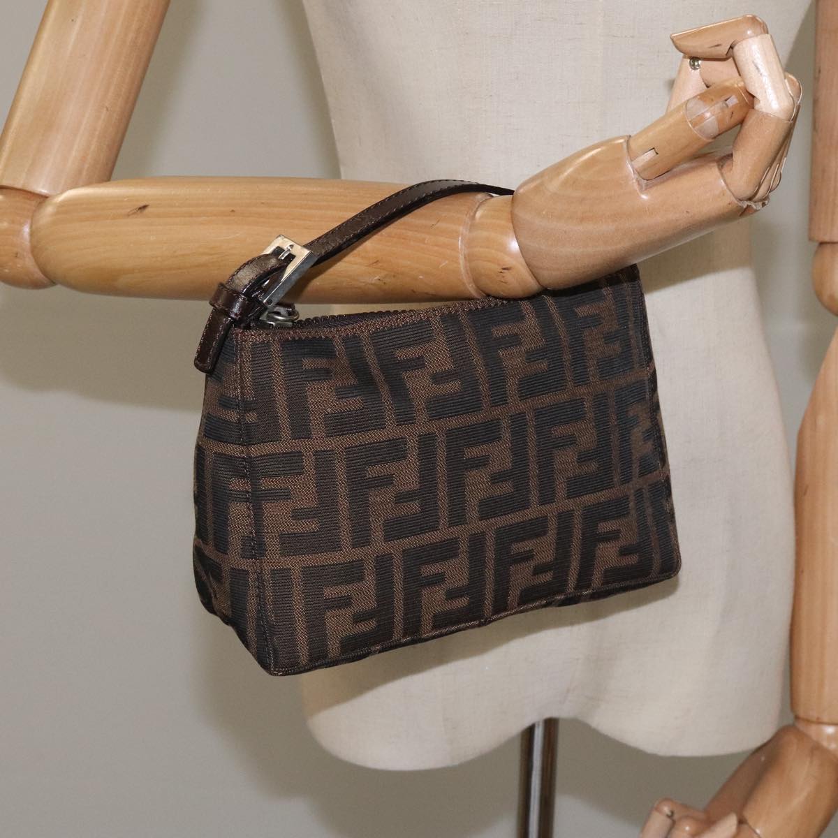 FENDI Zucca Canvas Hand Bag Brown Black 110881