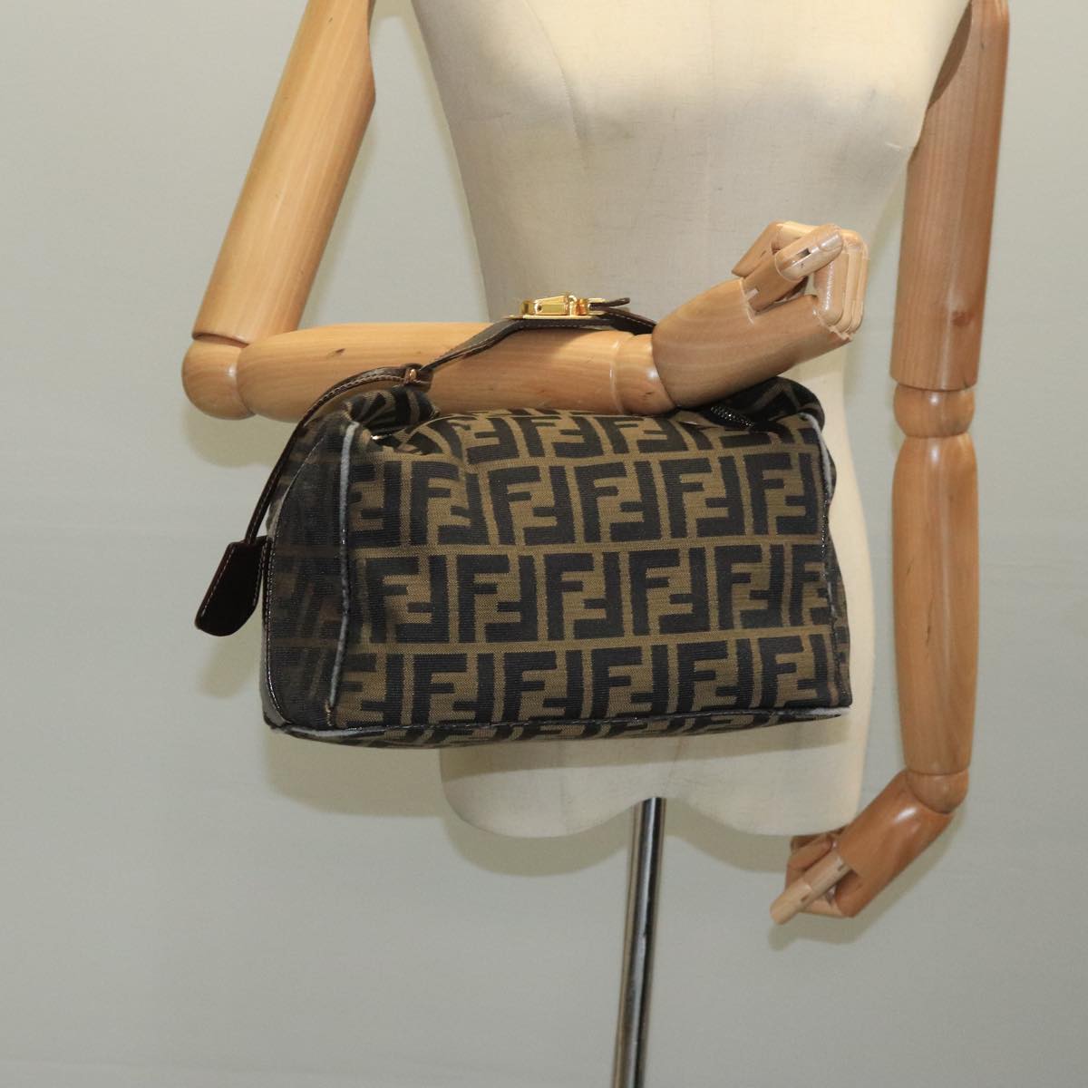FENDI Zucca Canvas Vanity Pouch Brown Black gold 111462