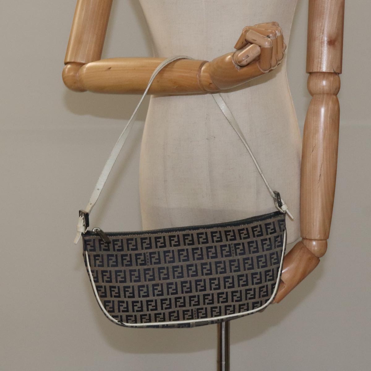FENDI Zucchino Canvas Shoulder Bag Gray 112742