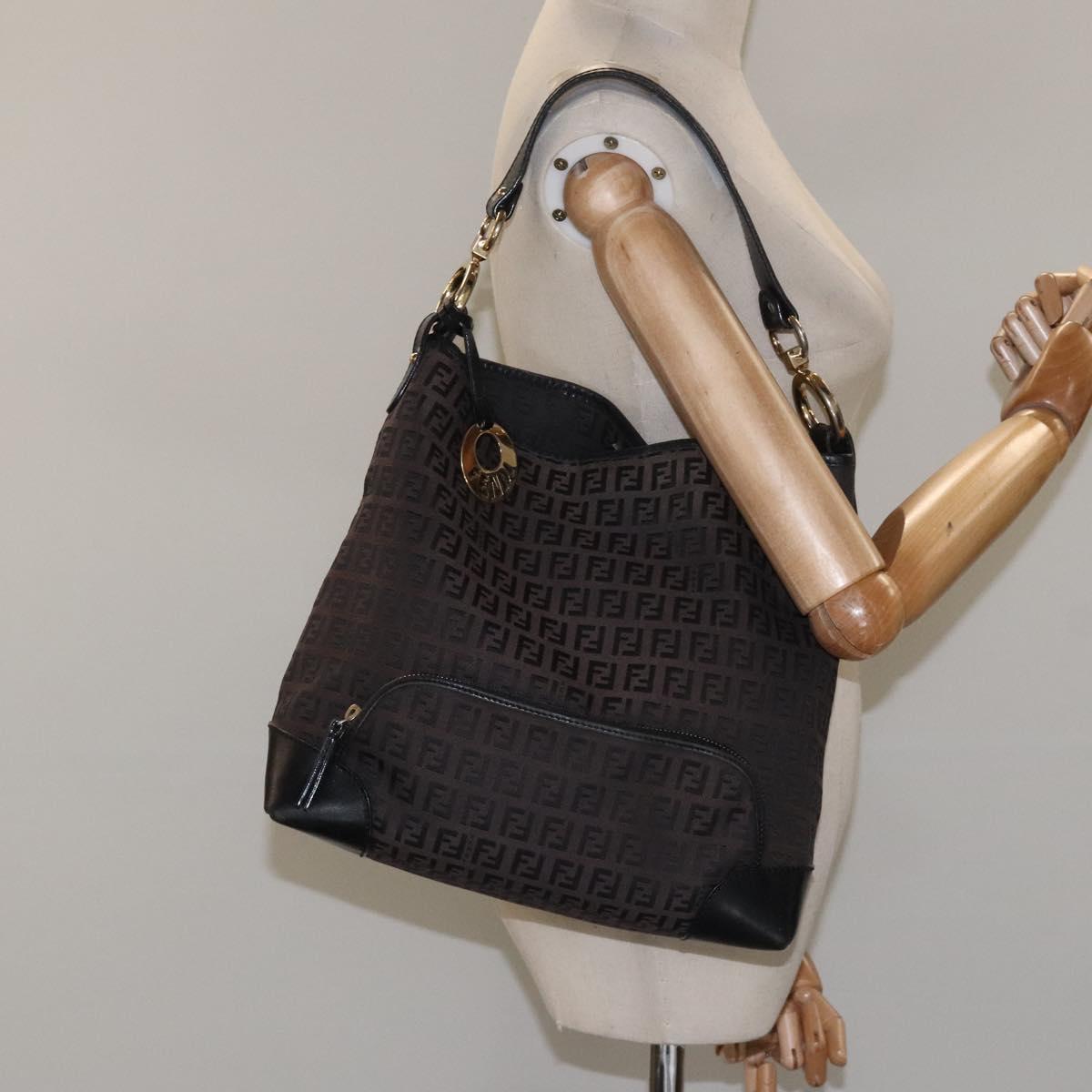 FENDI Zucchino Canvas Shoulder Bag Black 114485