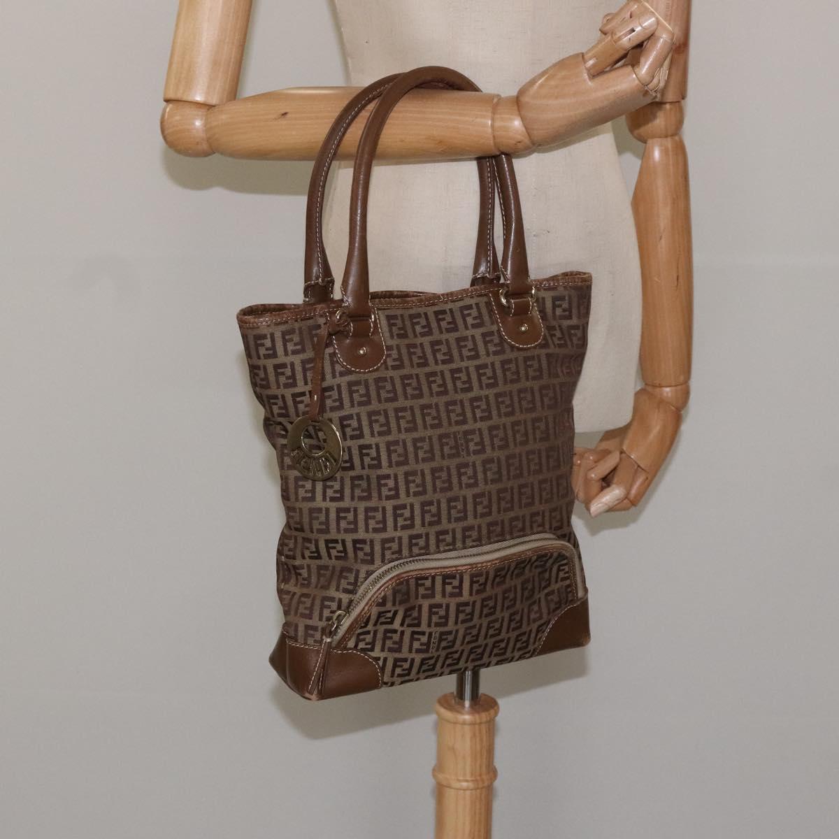 FENDI Zucchino Canvas Hand Bag Brown Beige Silver 115510