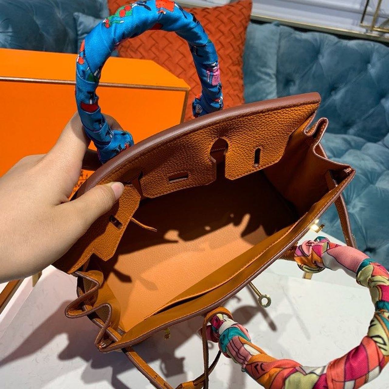 GLAMI Birkin Orange Semi Handstitched With Gold Toned Hardware For Women 30cm/11.8in