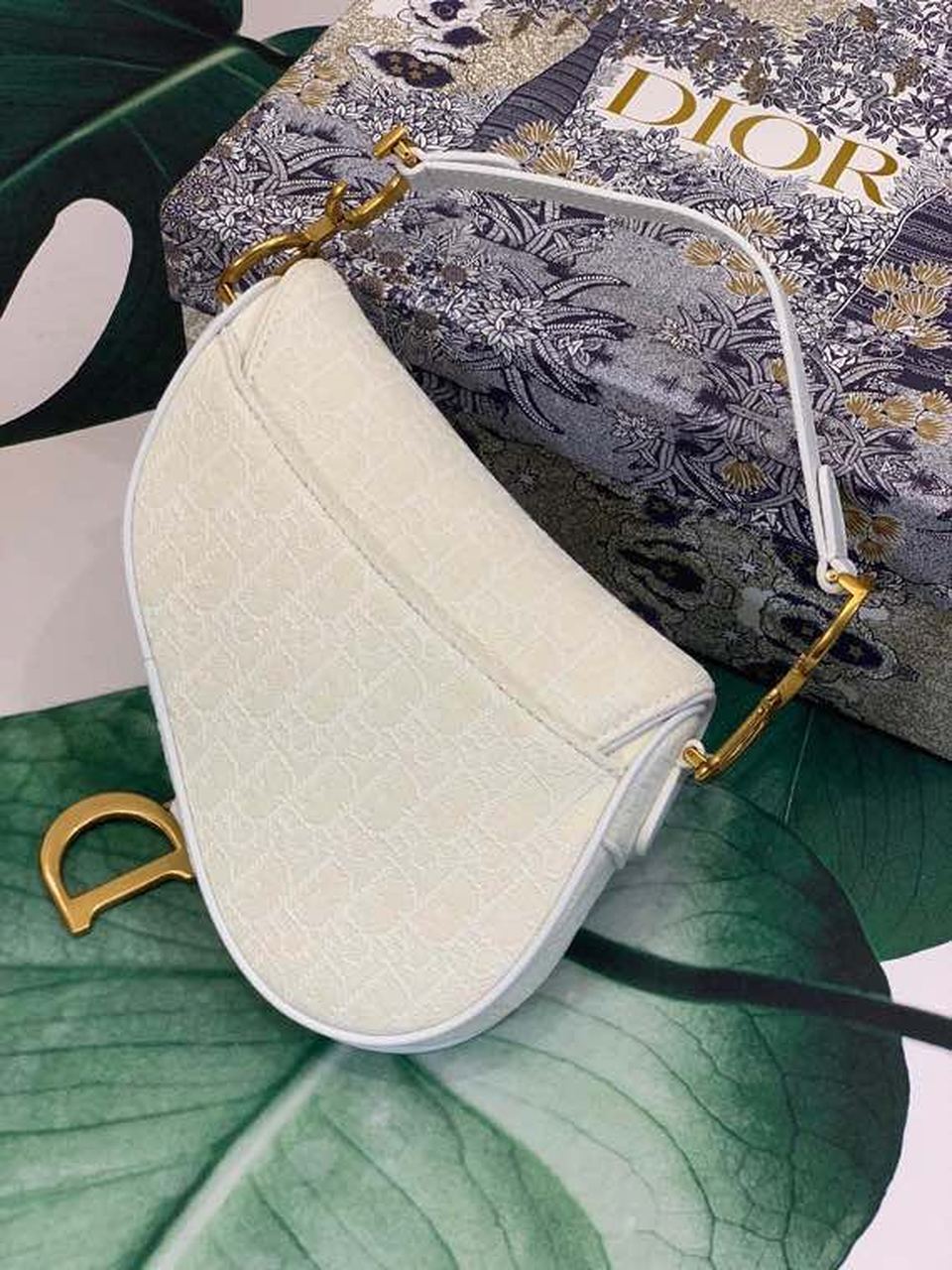 GLAMI Saddle Bag White Oblique Embroidered Canvas Gold Toned Hardware For Women 21cm/8.5in CD