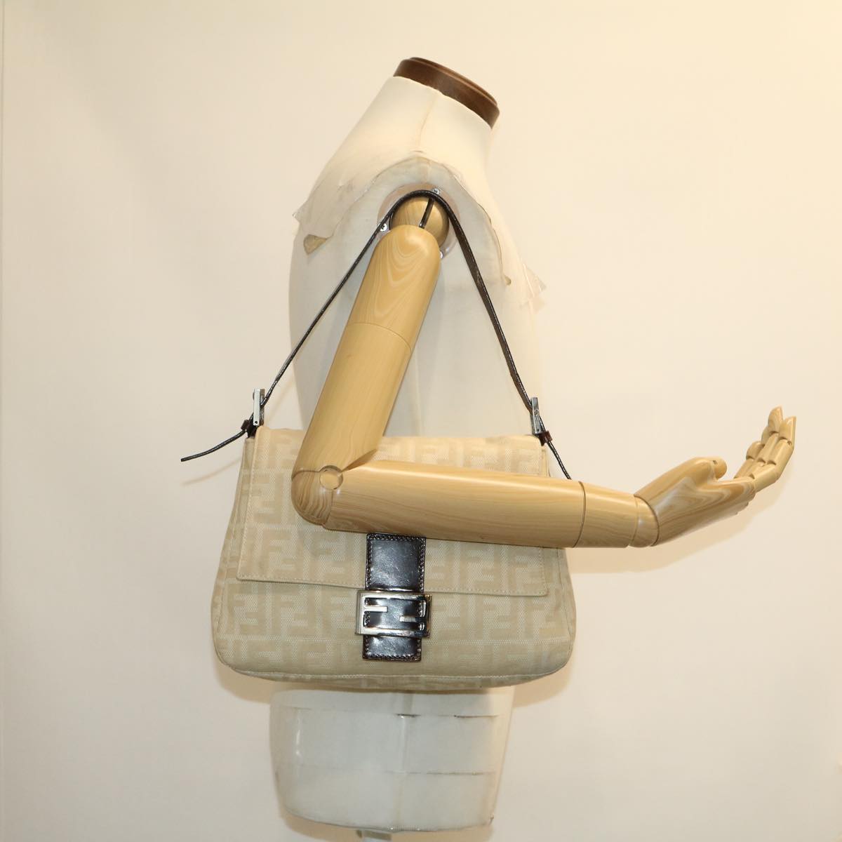 FENDI Zucca Canvas Mamma Baguette Shoulder Bag Beige 29900