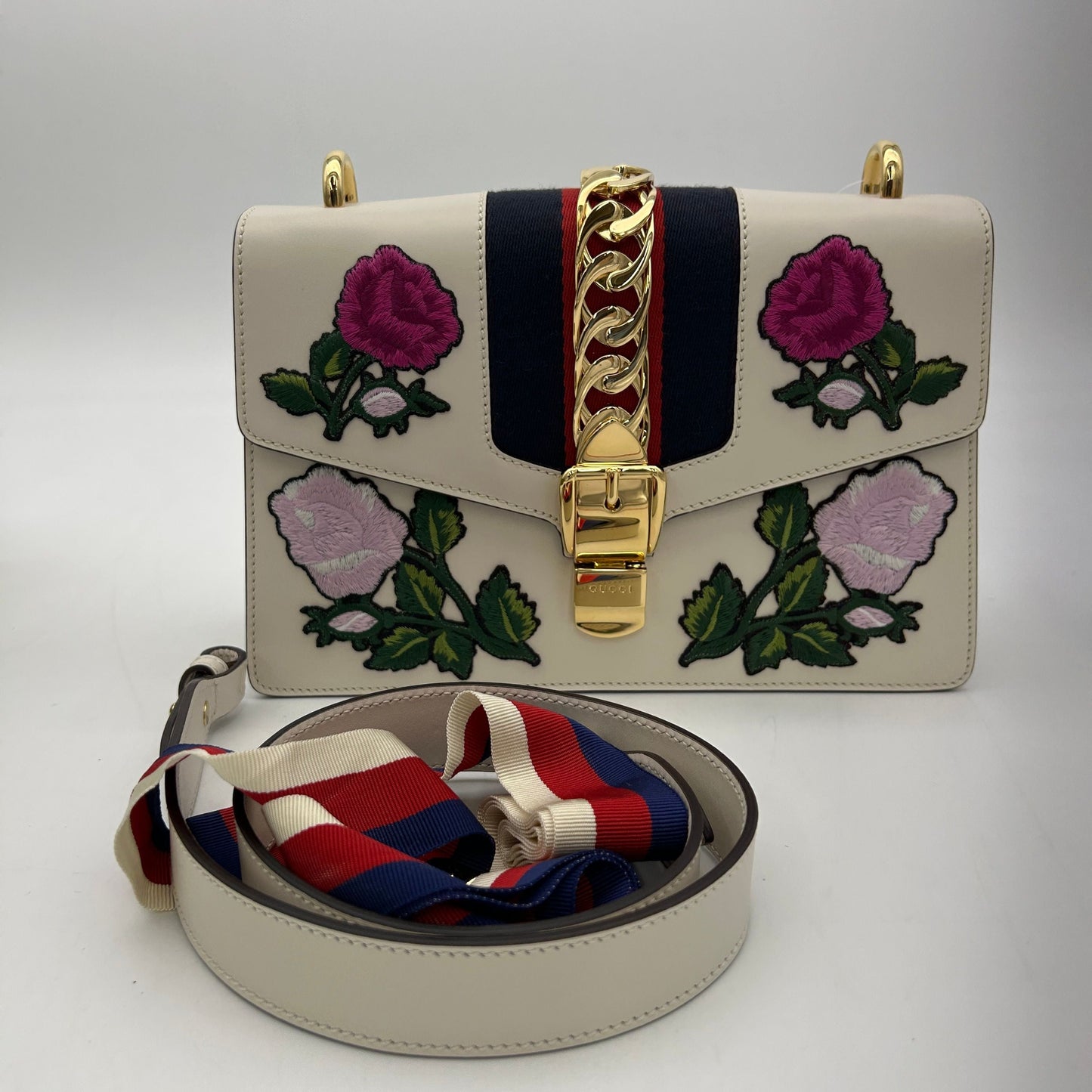 GLM-- Sylvie Shoulder Bag White Pink Multi Leather Floral Embroidery ITNS71BDBE3Q