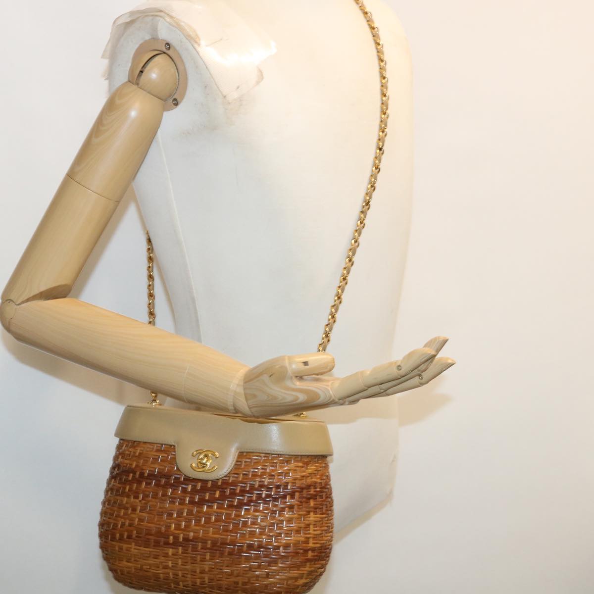 CHANEL Basket Chain Shoulder Bag Leather rattan Brown CC 31896A