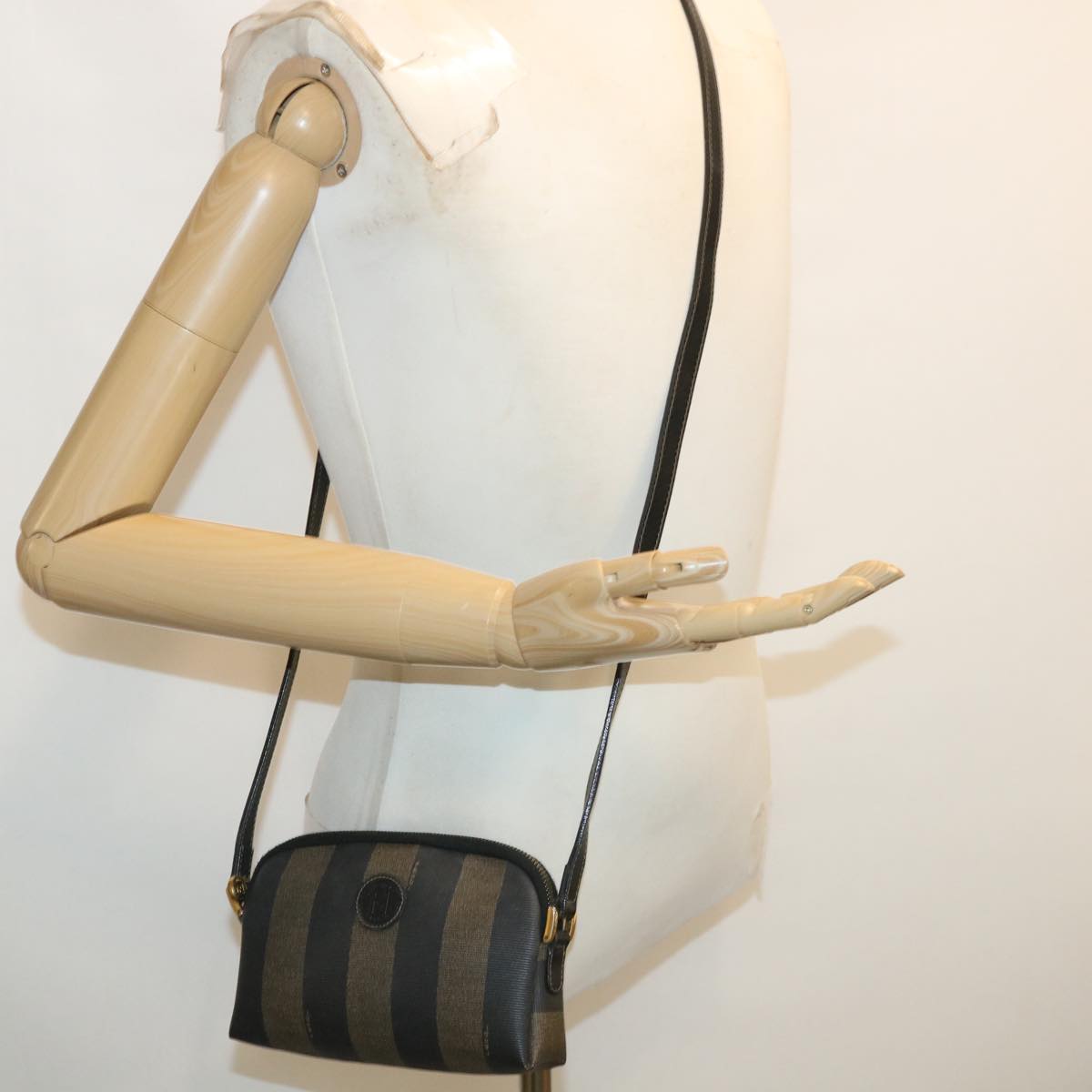 FENDI Pecan Shoulder Bag PVC Leather Khaki Black 33204
