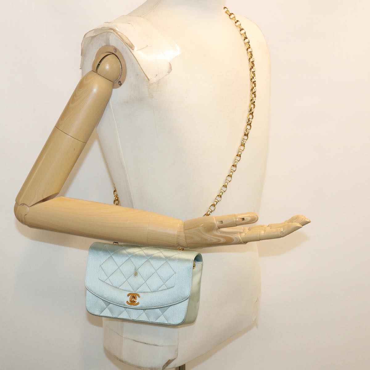 CHANEL Diana Matelasse Shoulder Bag Satin Light Blue CC 33325A