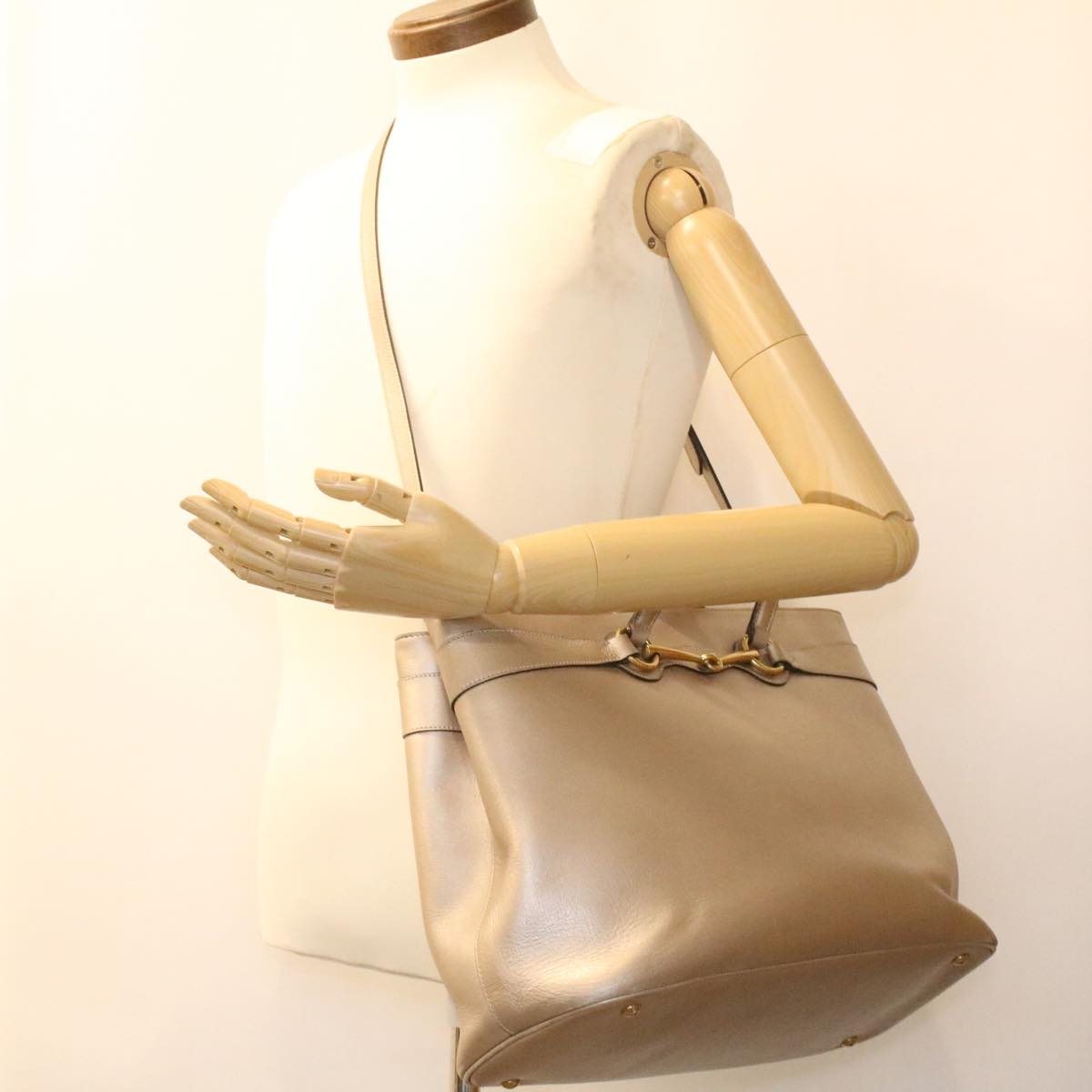 GUCCI Horse Bit GG Canvas Hand Bag Leather 2way Gold Beige 320903 34589
