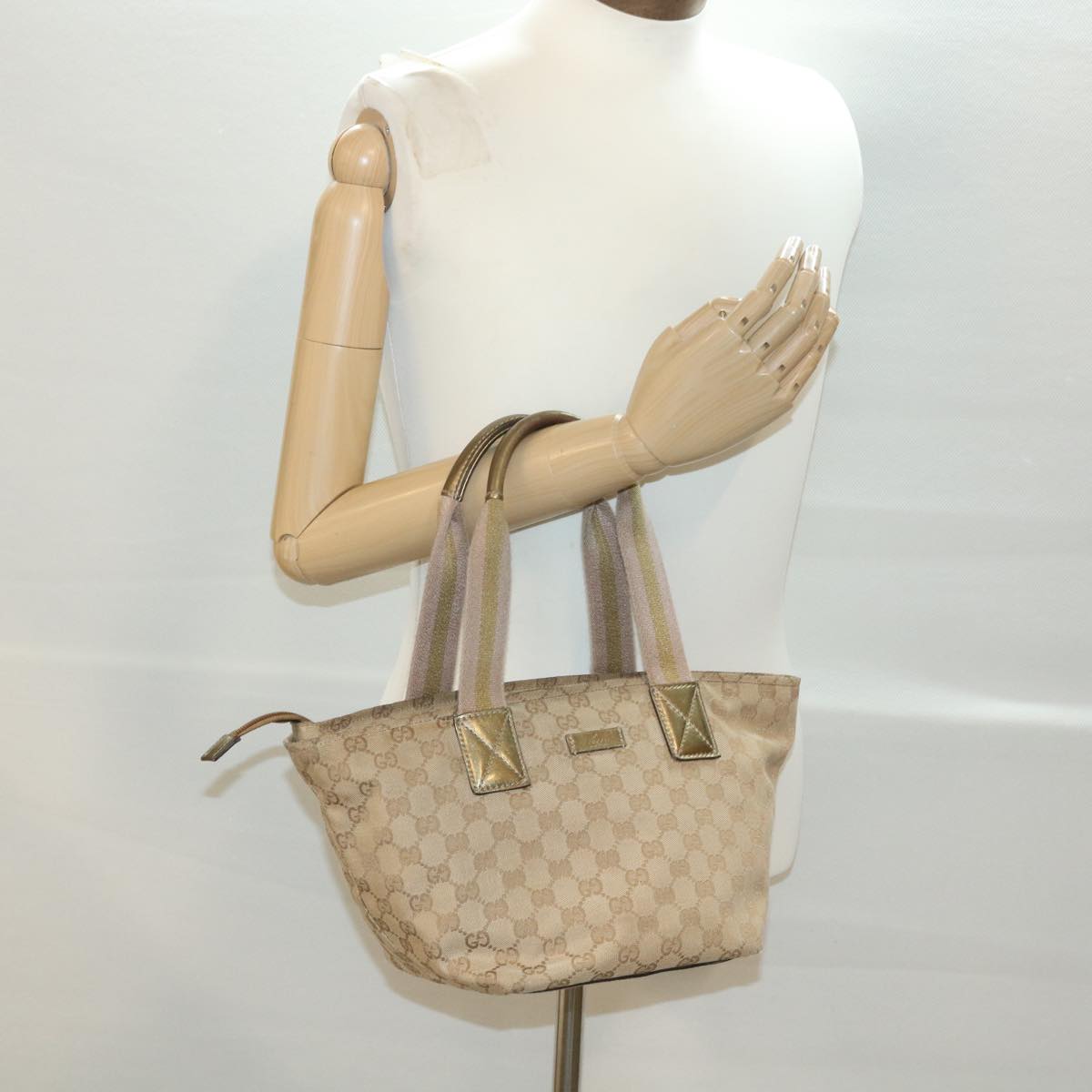 GUCCI Sherry Line GG Canvas Tote Bag Beige Pink Gold 131228 37407